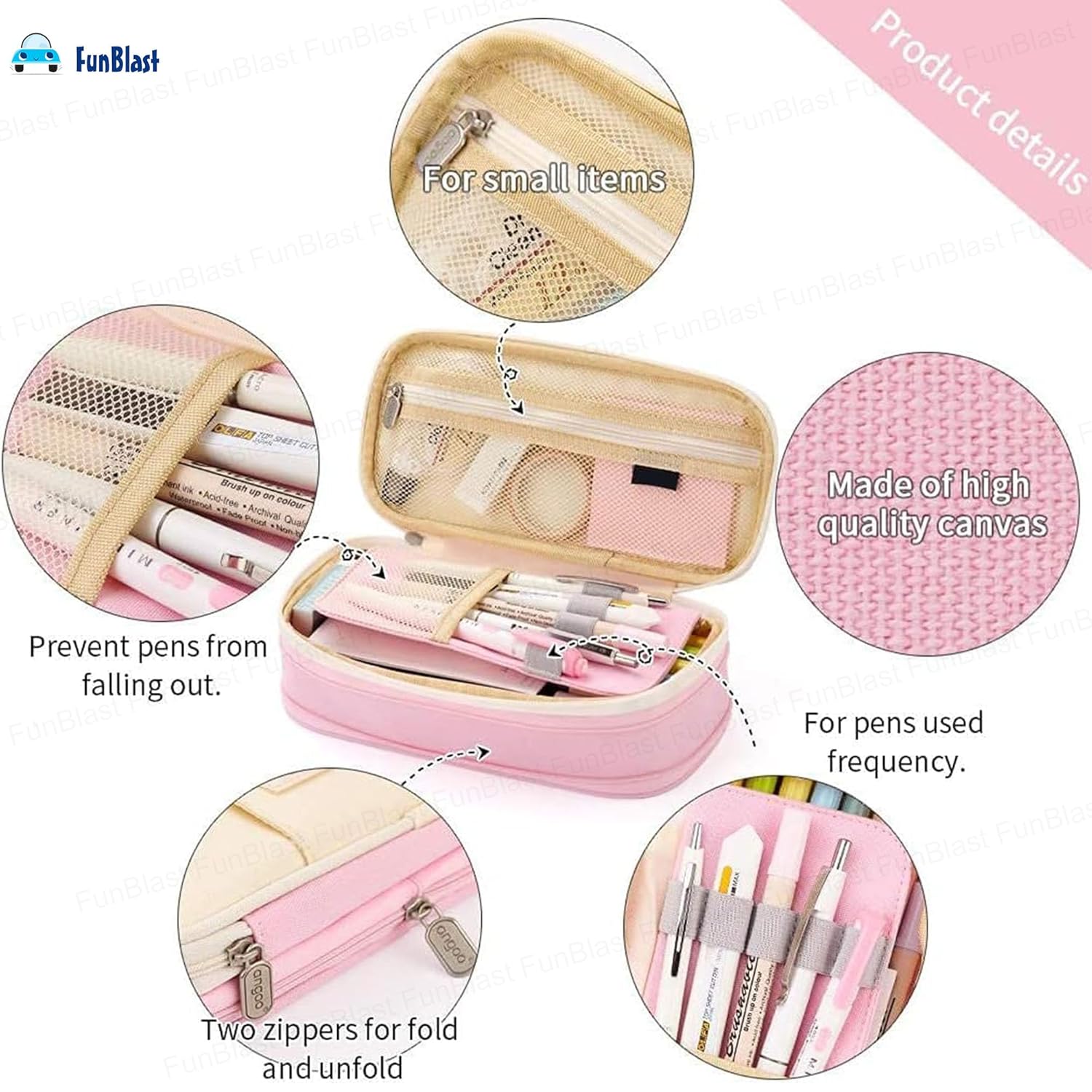 Multi-Compartment Double Zipper Portable Pencil Pouch for Kids (Pink)
