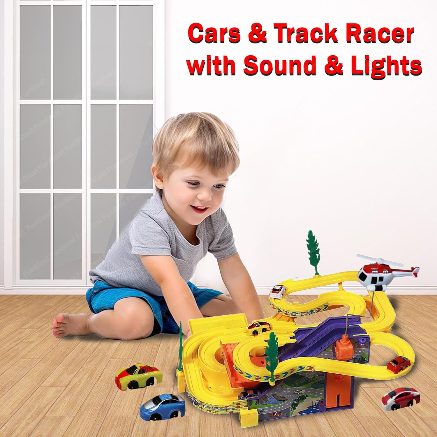 Track Racing Set with 4 Pcs Gliding Cars, Track Racer with Sound & Lights for Kids