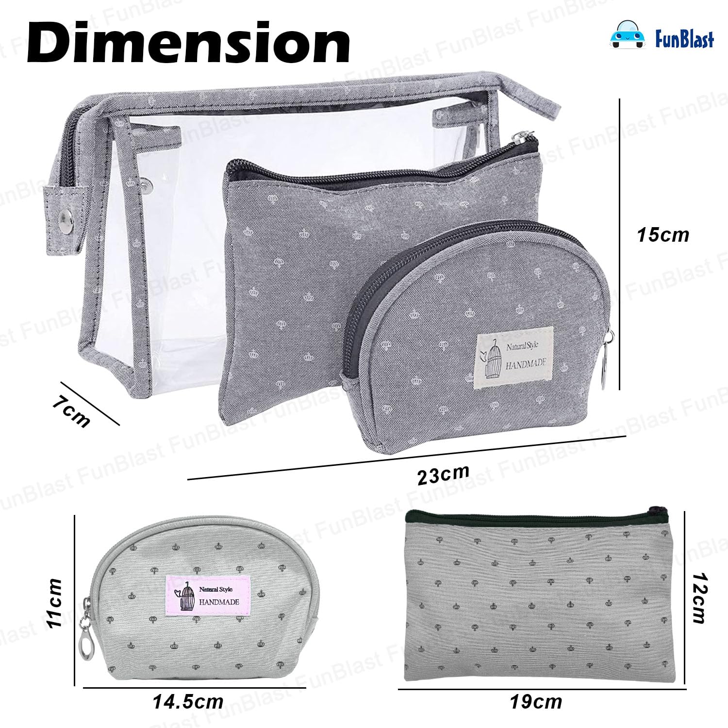 3 Pcs Cosmetic Makeup Pouch with Zipper Lock for Women (Grey)