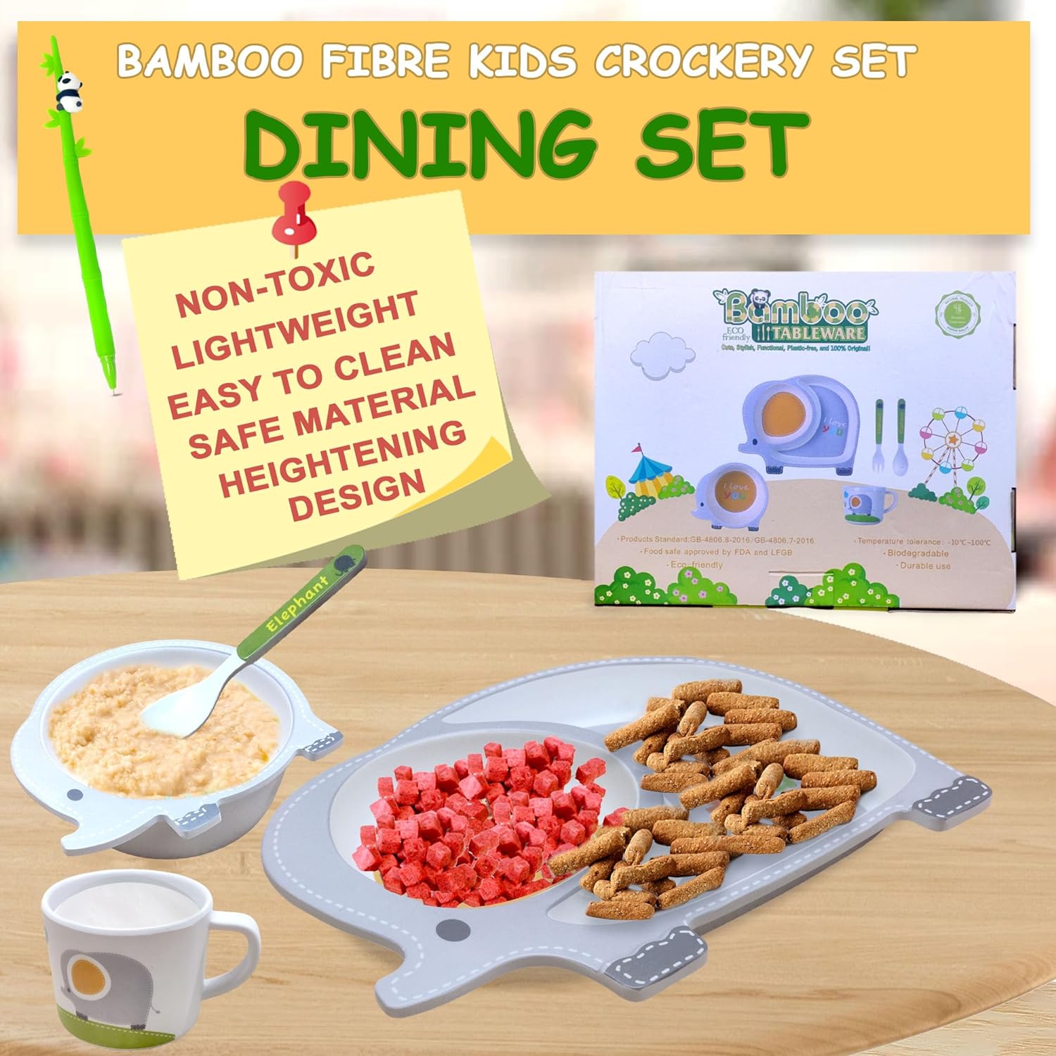 Bamboo Fiber Feeding Tableware Set for Kids – Elephant Design Bamboo Fiber Plate, Bowl, Cup, Spoon and Fork Kids