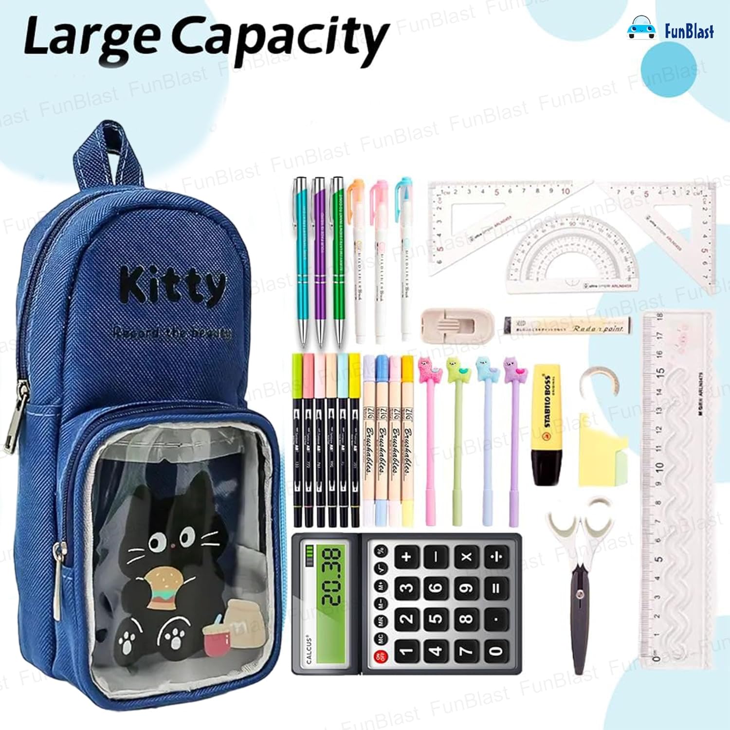 Cartoon Design Hangable Canvas Pencil Pouch for Kids (Blue)