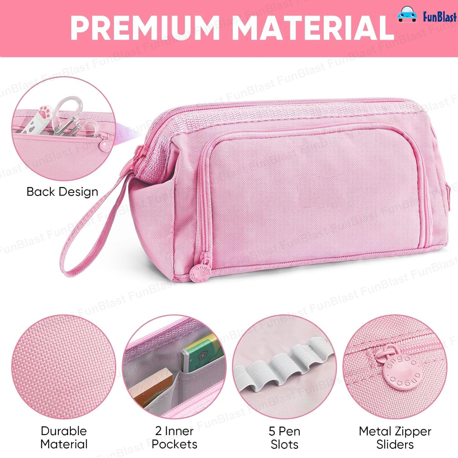 Multipurpose Zipper Pencil Pouch for Kids (Pink)