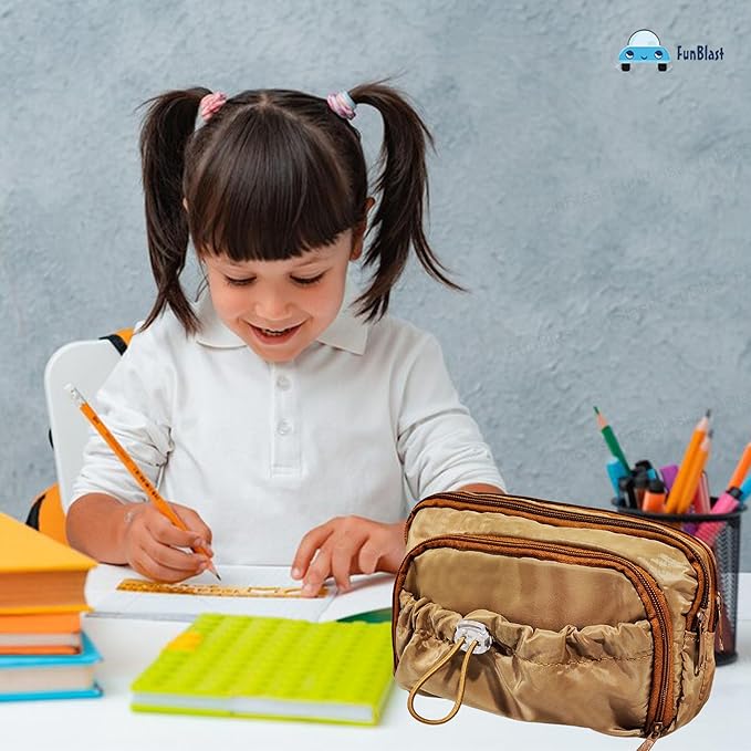 Kawaii Pencil Pouch With Drawstring Pocket (Tan)