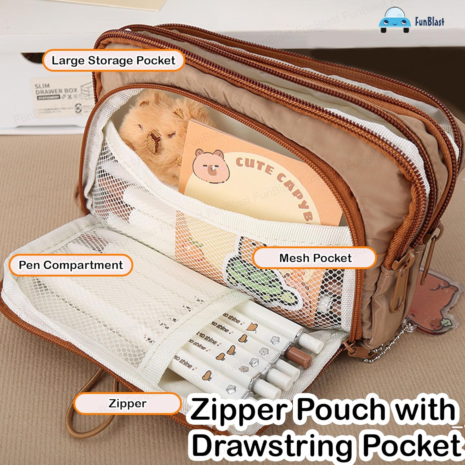 Kawaii Pencil Pouch With Drawstring Pocket (Tan)