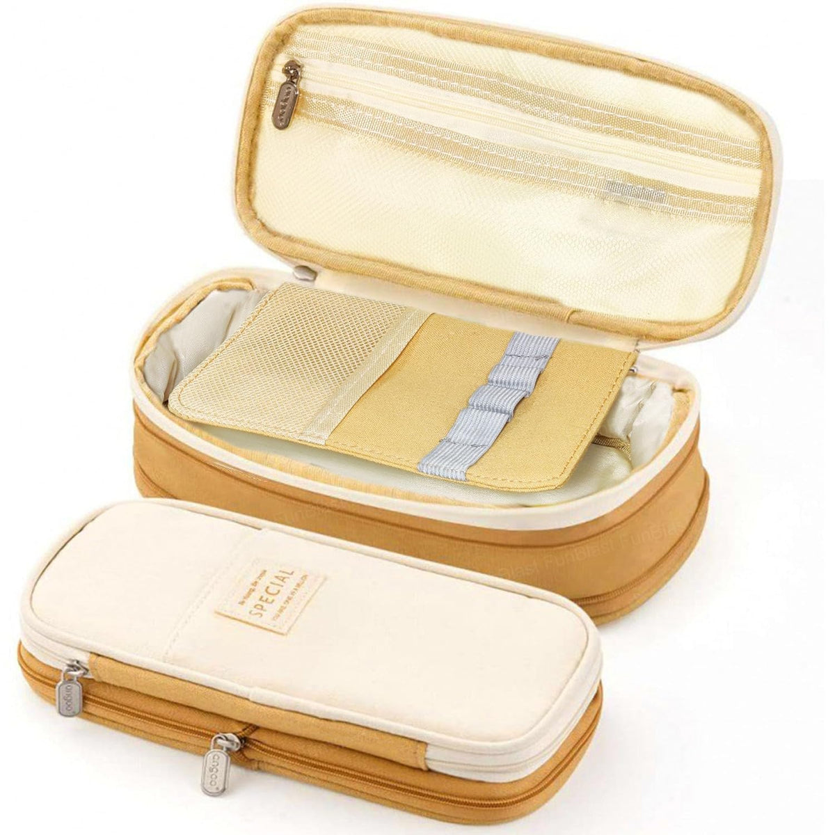 Multi-Compartment Double Zipper Portable Pencil  Pouch for Kids (Khaki)