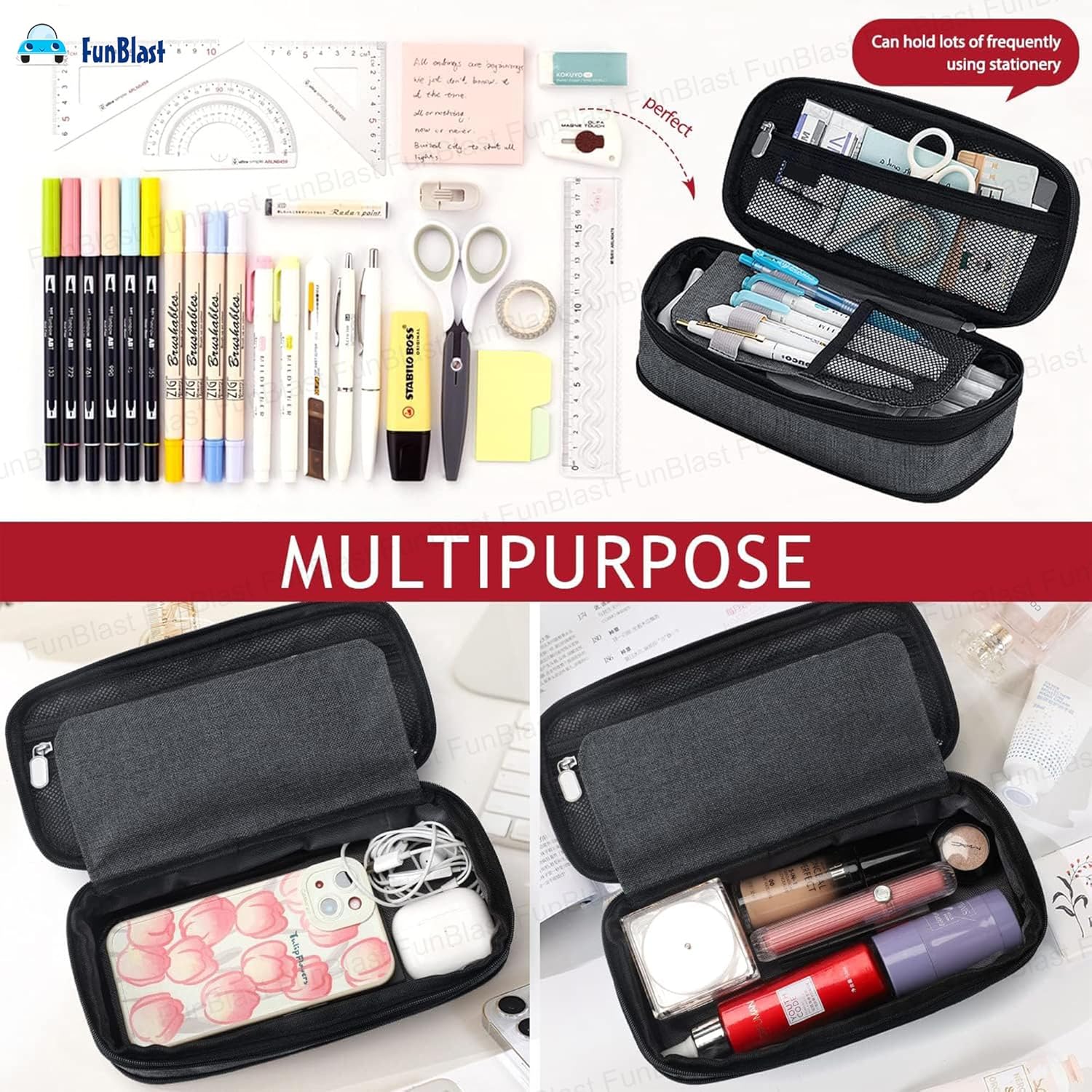 Multiple Compartment Double Zipper Portable Pouch for Kids (Grey)