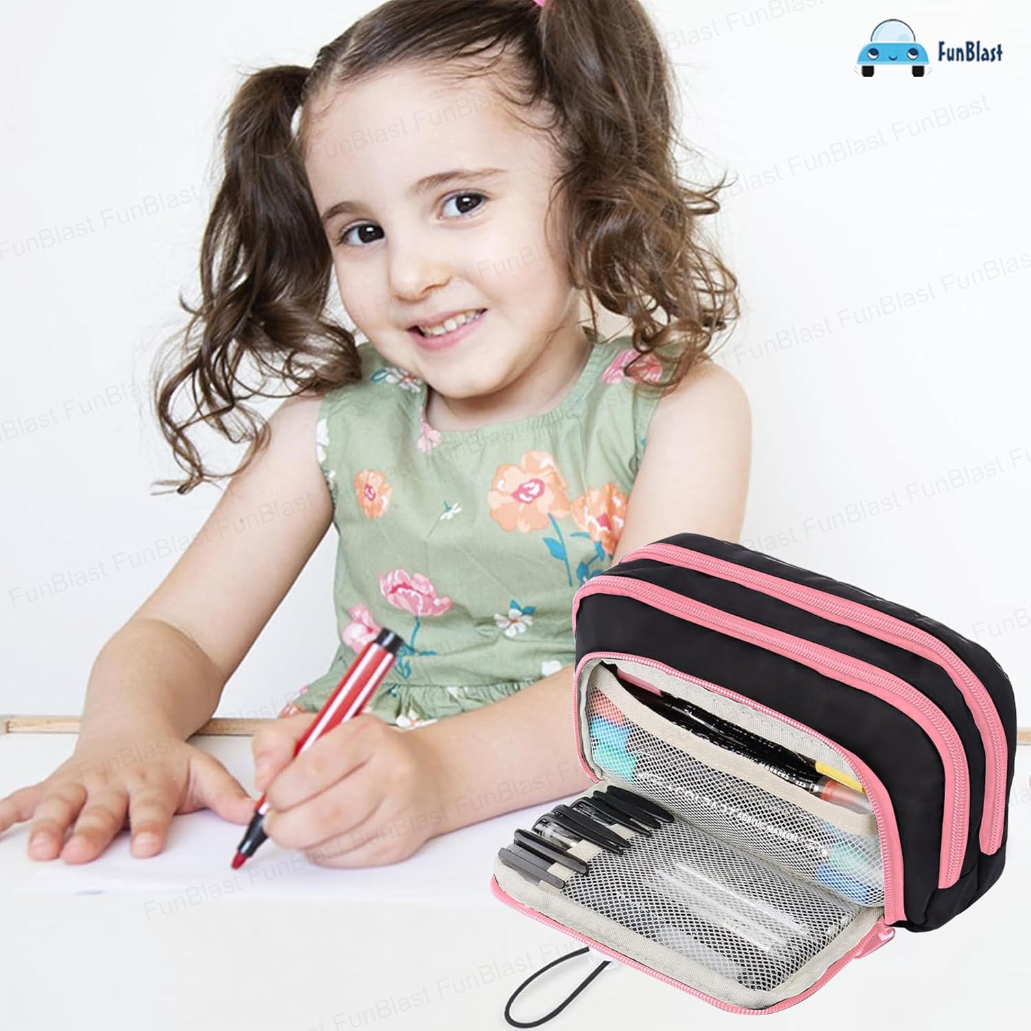 Kawaii Pencil Pouch With Drawstring Pocket  (Black-Pink)