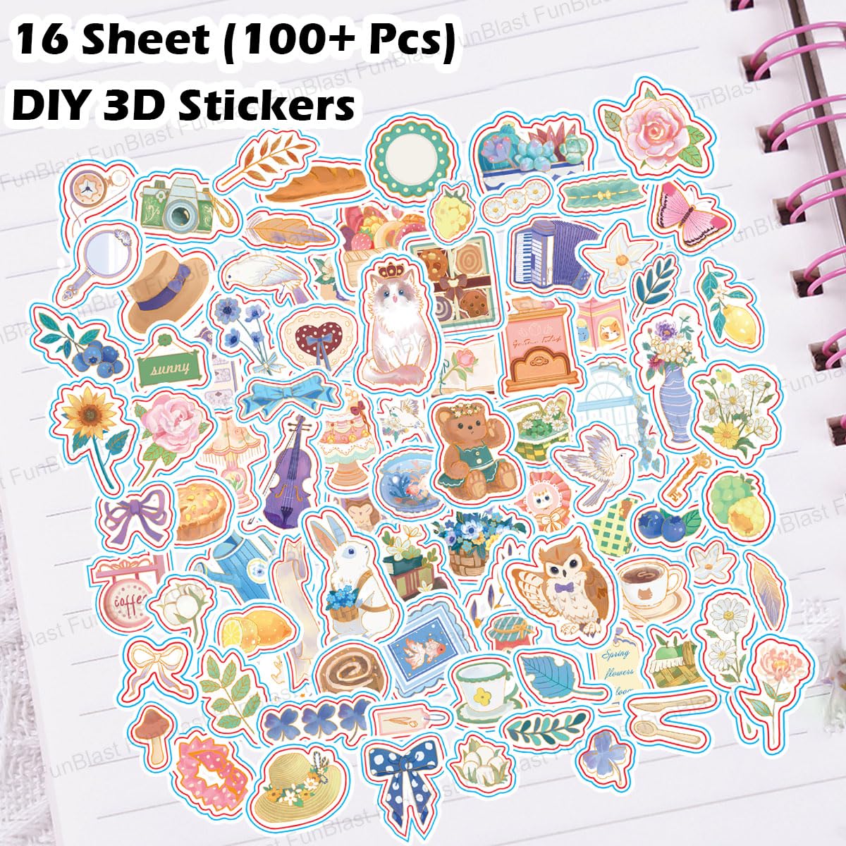 Kawaii Stickers Set – 16 Sheet (100+ Pcs) DIY 3D Stickers for Girls, Aesthetic Sticker, Stickers for Journaling, Scrapbooking, Cute Stickers Set (Cute Animals 4x4=16 Sheets)