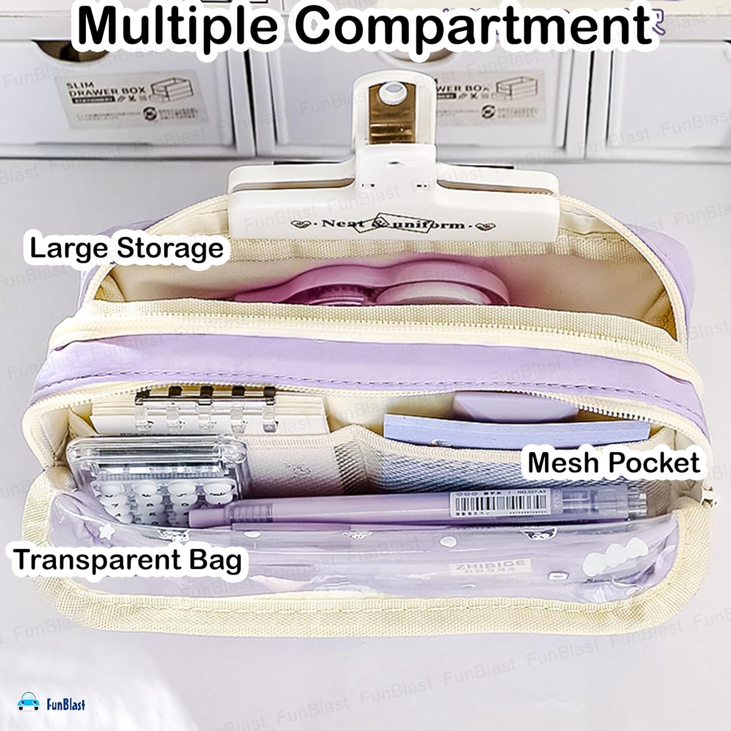 Multiple Compartment Double Zipper Pencil Pouch for Kids (Purple)