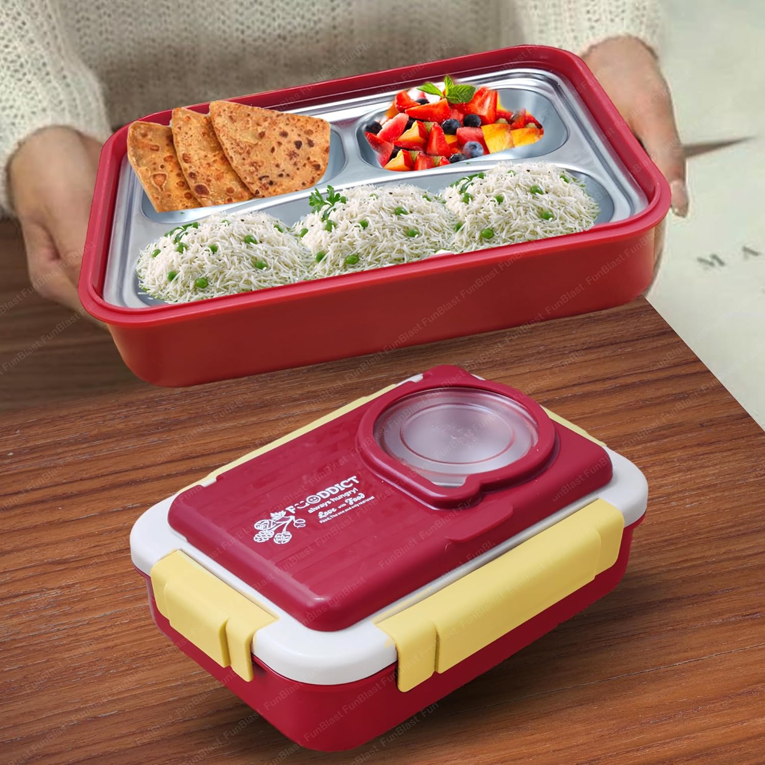 Lunch Box for Kids – Stainless Steel Lunch Box, 6 Compartment Lunch Box with Bowl, Spoon, Fork & Chopstick, Tiffin Box, Insulated Bento Lunch Box for Kids (Red)