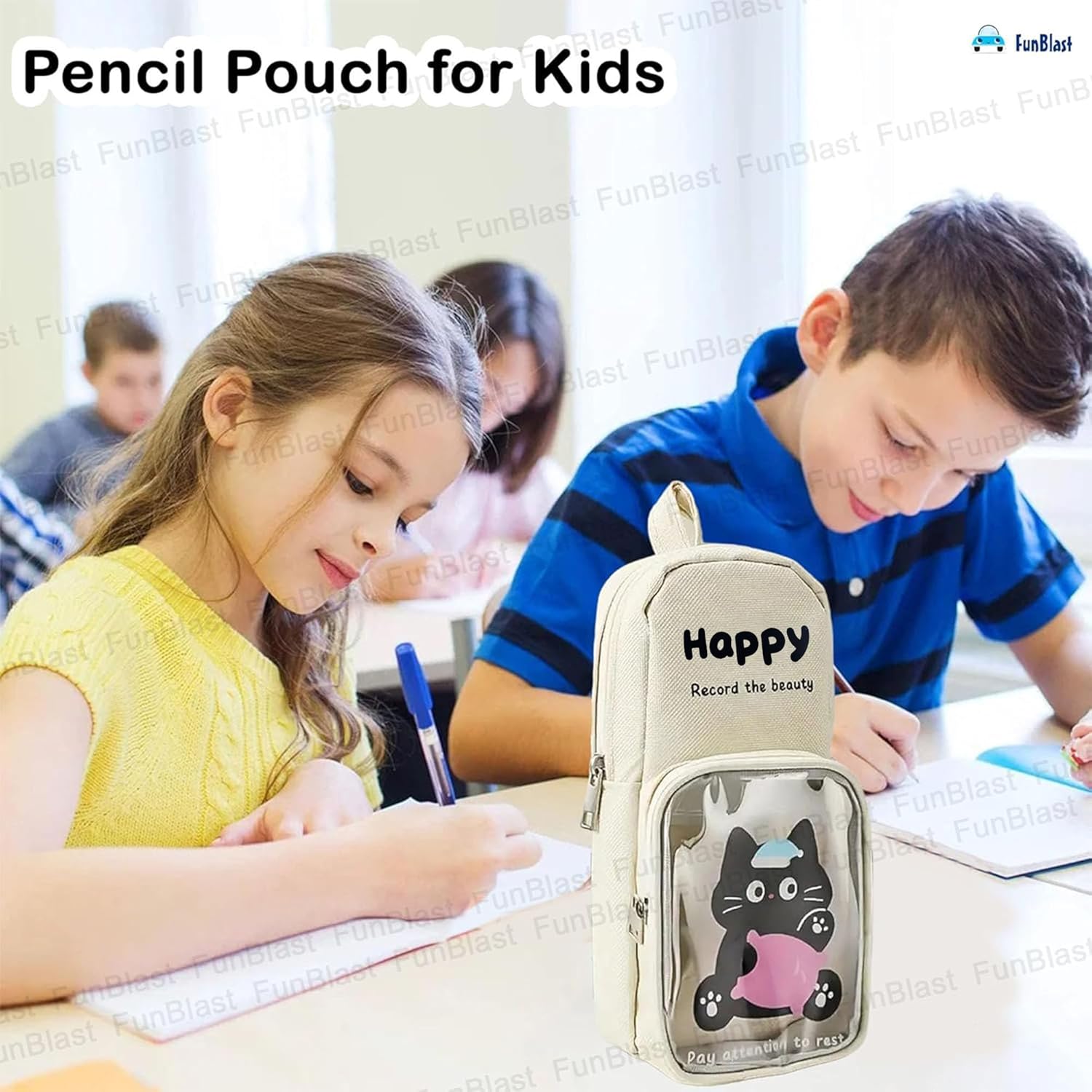 Cartoon Design Hangable Canvas Pencil Pouch for Kids (OffWhite)
