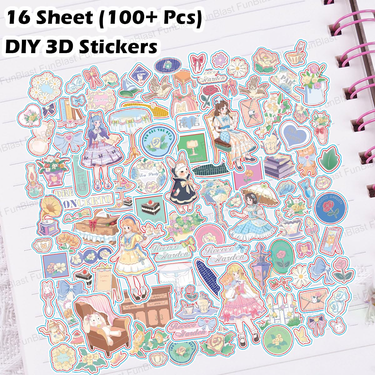 Kawaii Stickers Set – 16 Sheet (100+ Pcs) DIY 3D Stickers for Girls, Aesthetic Sticker, Stickers for Journaling, Scrapbooking, Cute Stickers Set (Girls & Flowers 4x4=16 Sheets)