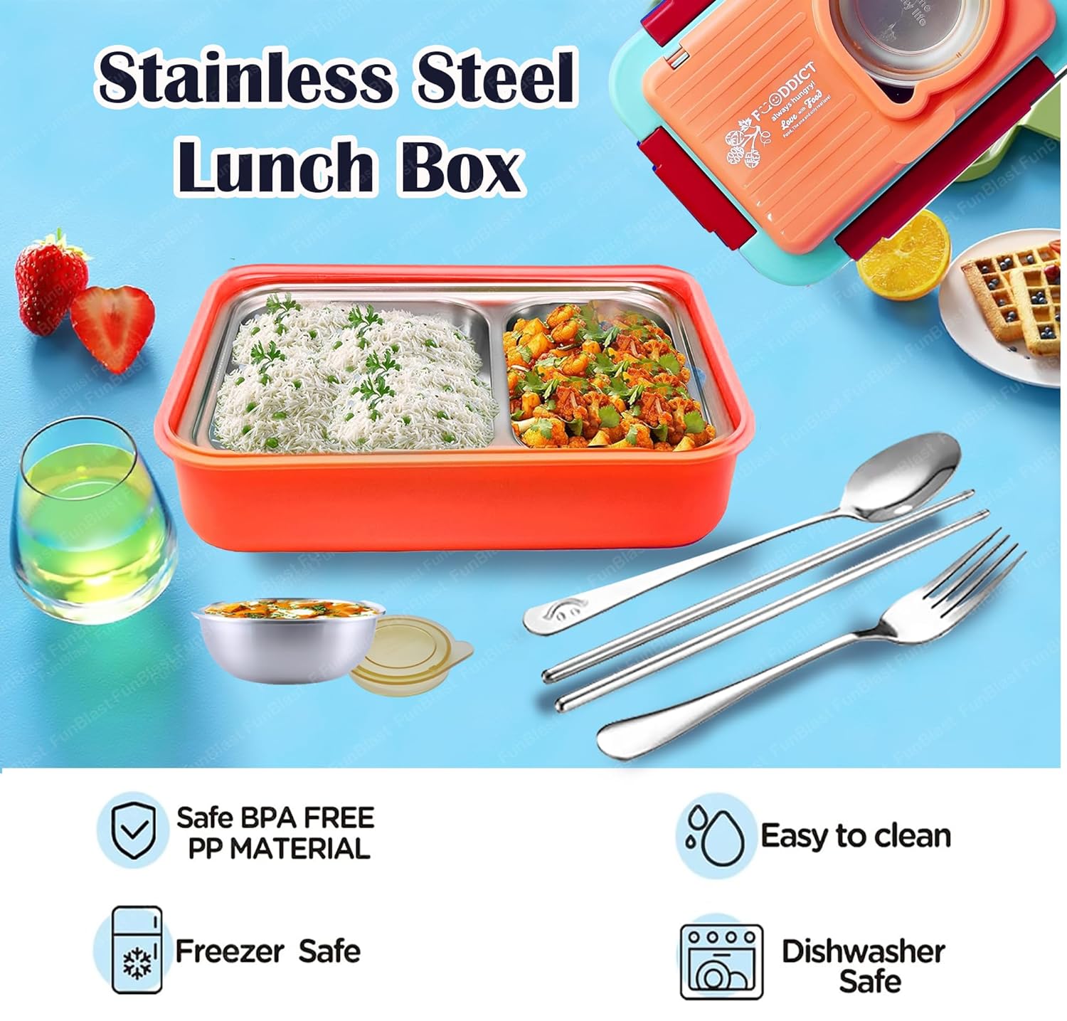 Lunch Box for Kids – Tiffin Box, Stainless Steel Lunch Box, Insulated Bento Lunch Box for Kids, 5 Compartment Lunch Box with Bowl, Spoon, Fork & Chopstick (Peach)