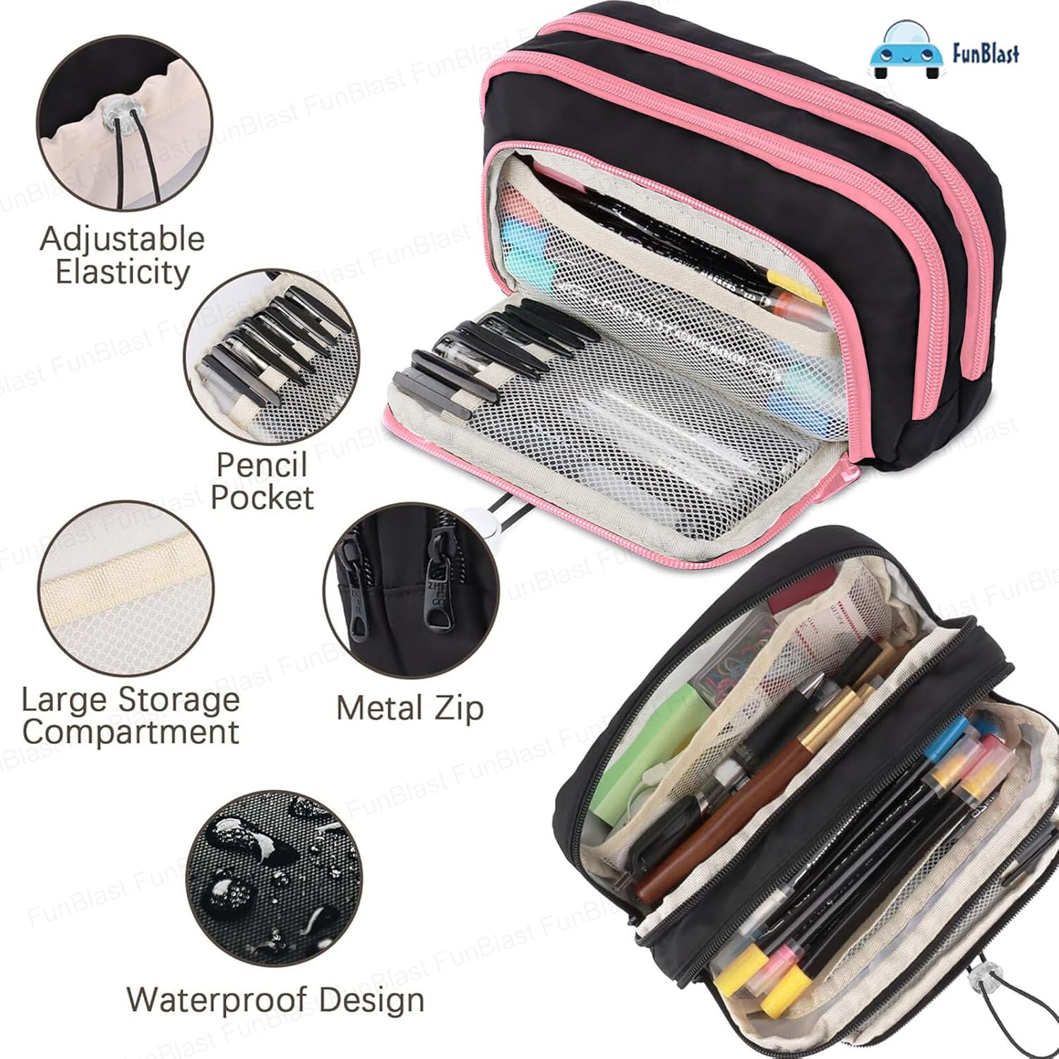 Kawaii Pencil Pouch With Drawstring Pocket  (Black-Pink)