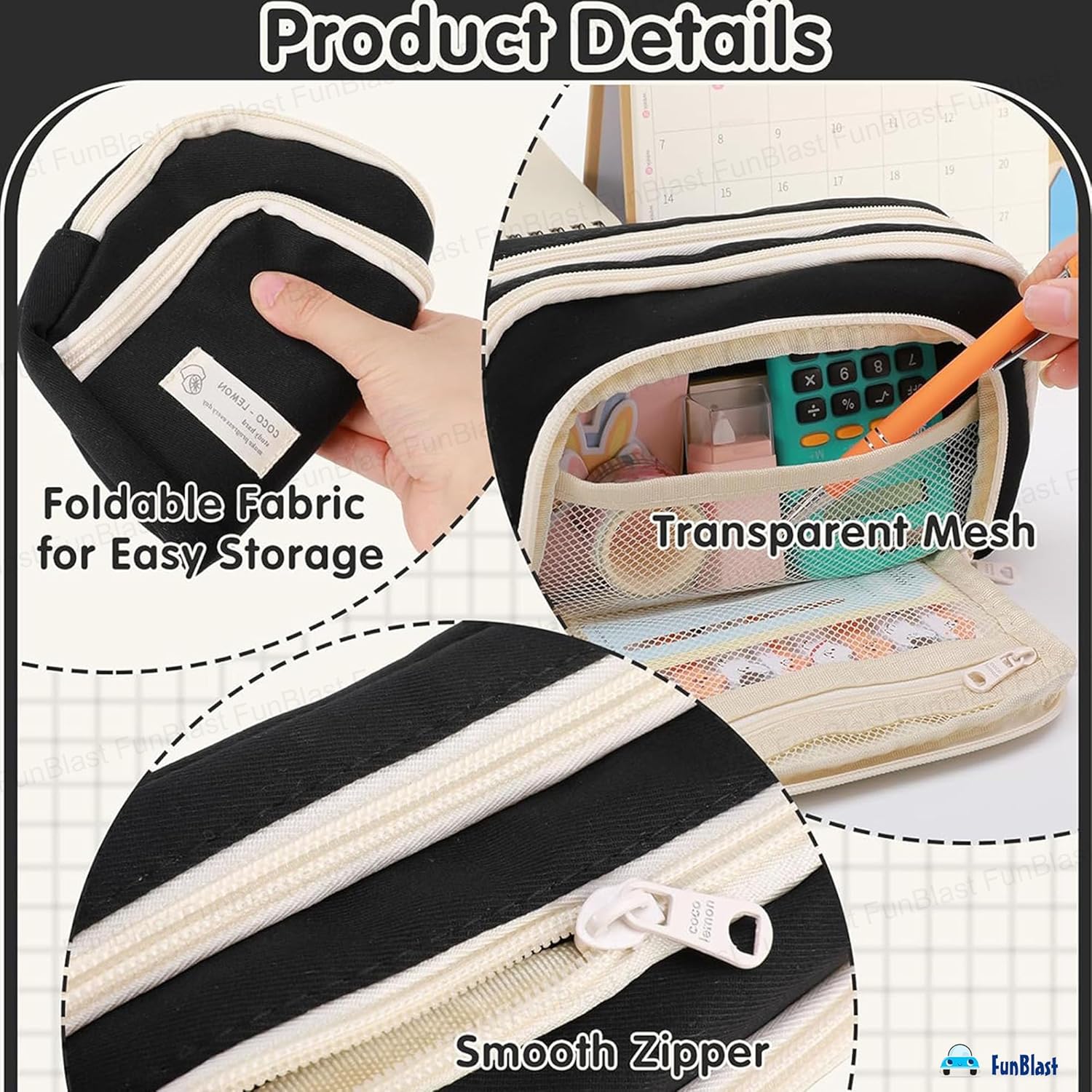Multiple Compartment Portable Stationary Organizer Bag for Kids (Black)