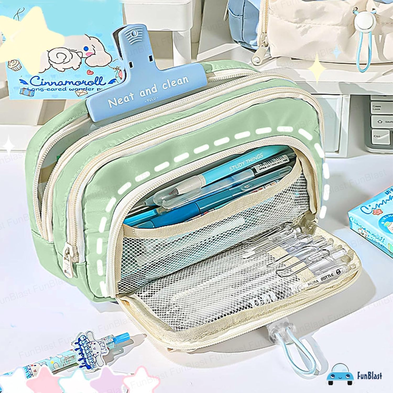 Kawaii Pencil Pouch With Drawstring Pocket (Sea Green)