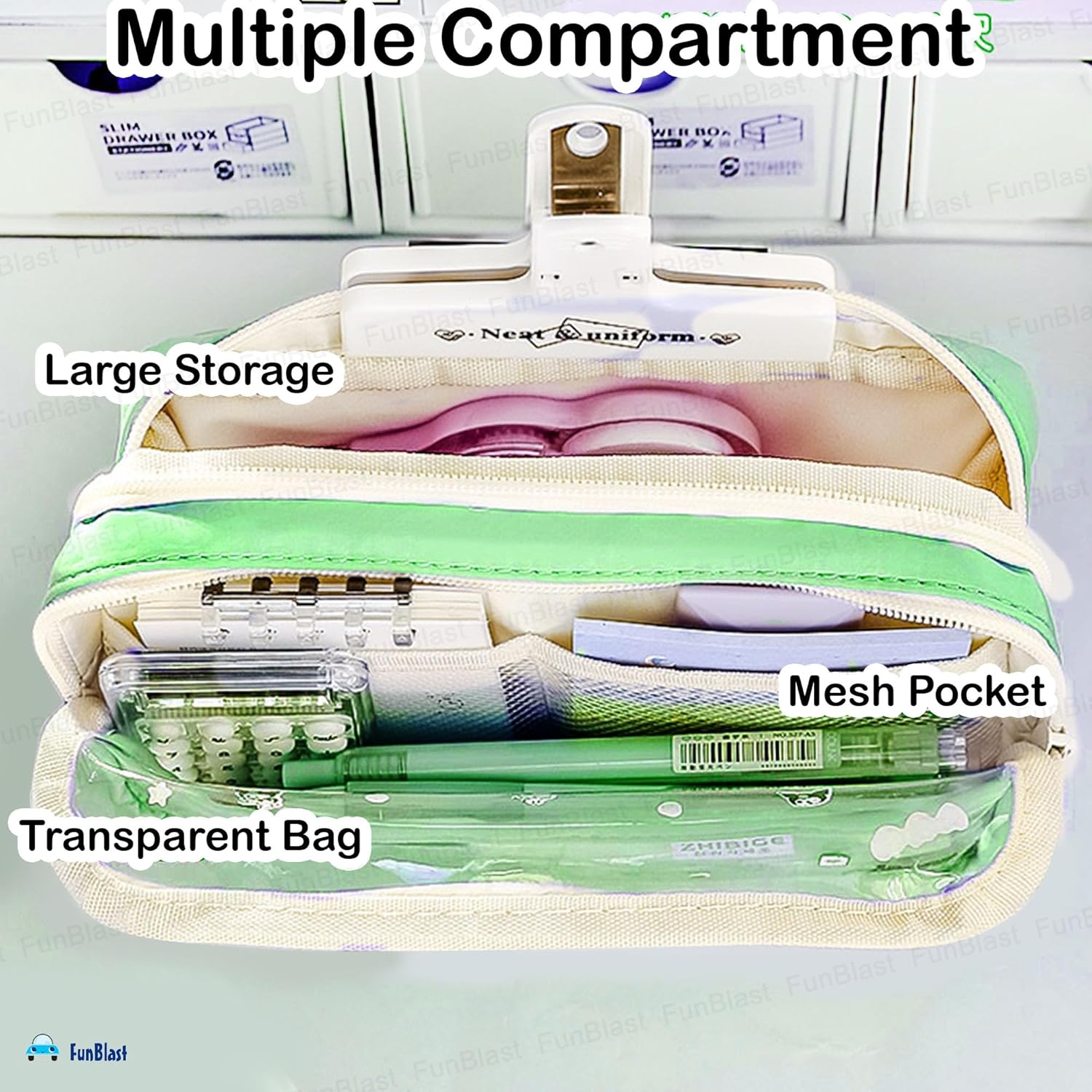 Multiple Compartment Pencil Pouch for Kids (Green)