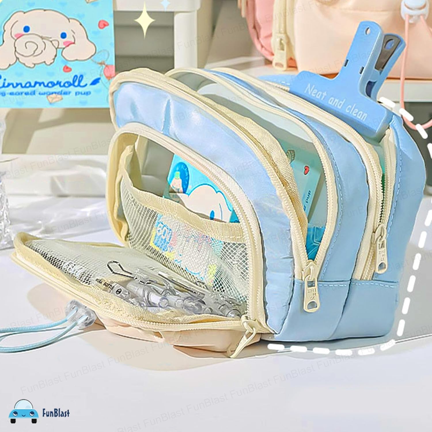Kawaii Pencil Pouch With Drawstring Pocket (Sky Blue)