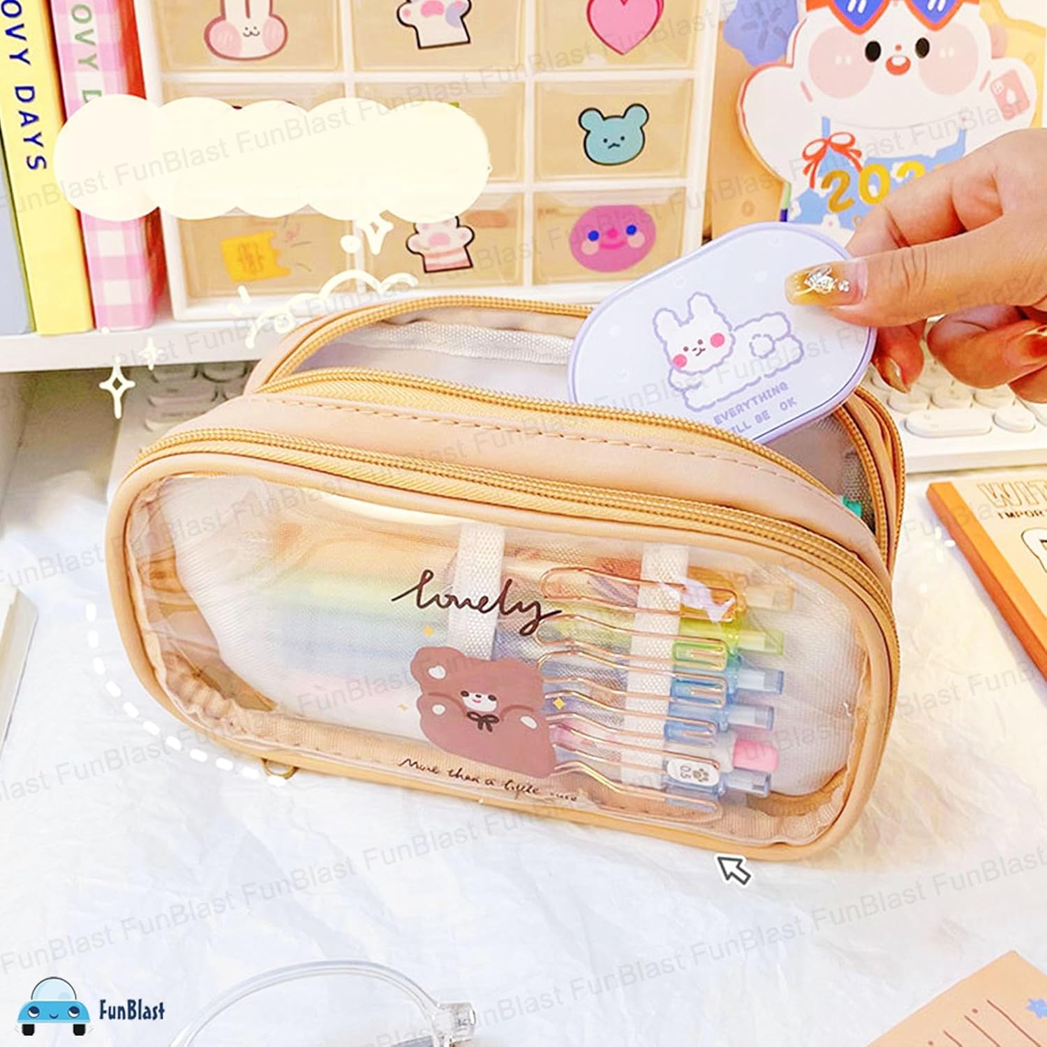Portable Pencil Pouch with Zipper Closure for Kids (Beige)