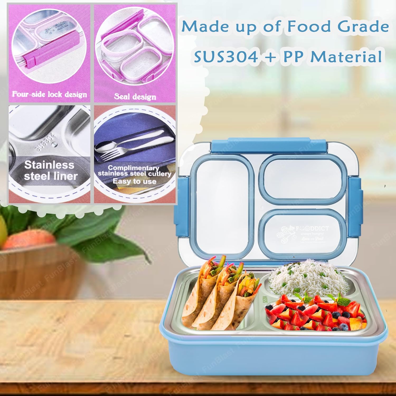 Lunch Box for Kids – Tiffin Box, Stainless Steel Lunch Boxes for Office Men, 3 Compartment Lunch Box with Spoon, Fork & Chopstick (-Random Color)