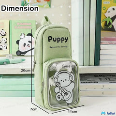 Cartoon Design Hangable Canvas Pencil Pouch for Kids (Green)