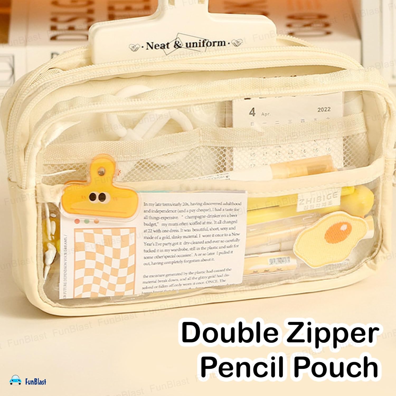 Multiple Compartment Double Zipper Pencil Pouch for Kids (Beige)