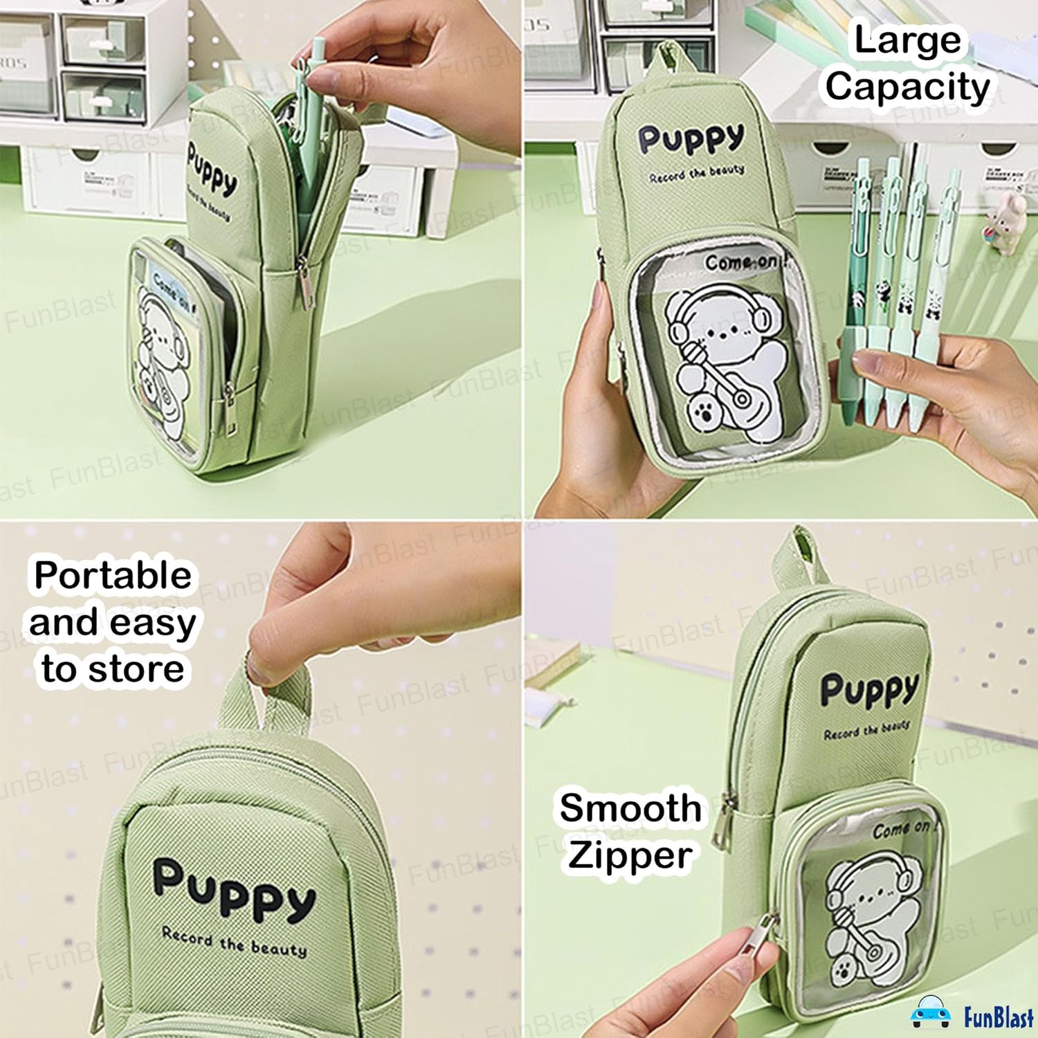 Cartoon Design Hangable Canvas Pencil Pouch for Kids (Green)