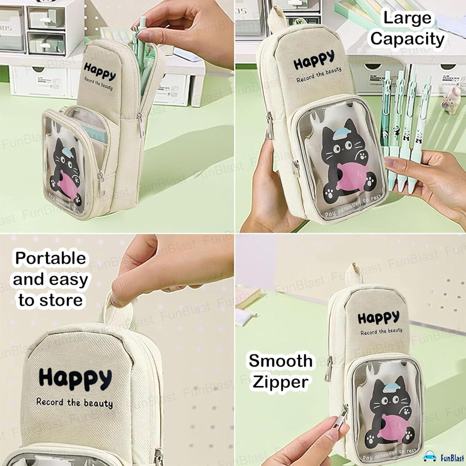Cartoon Design Hangable Canvas Pencil Pouch for Kids (OffWhite)