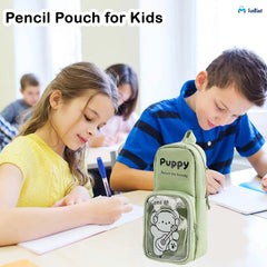 Cartoon Design Hangable Canvas Pencil Pouch for Kids (Green)