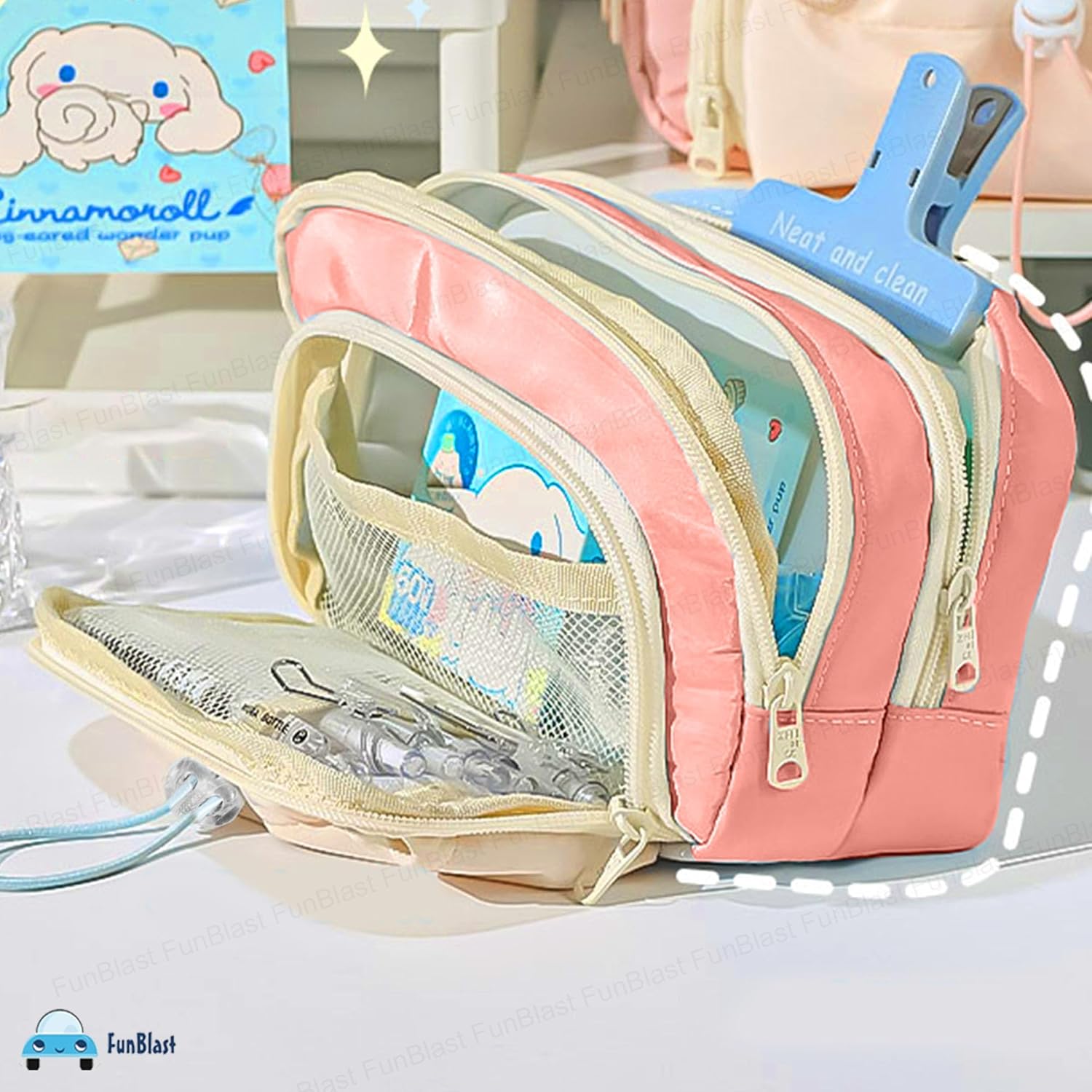 Kawaii Pencil Pouch With Drawstring Pocket (Pink)