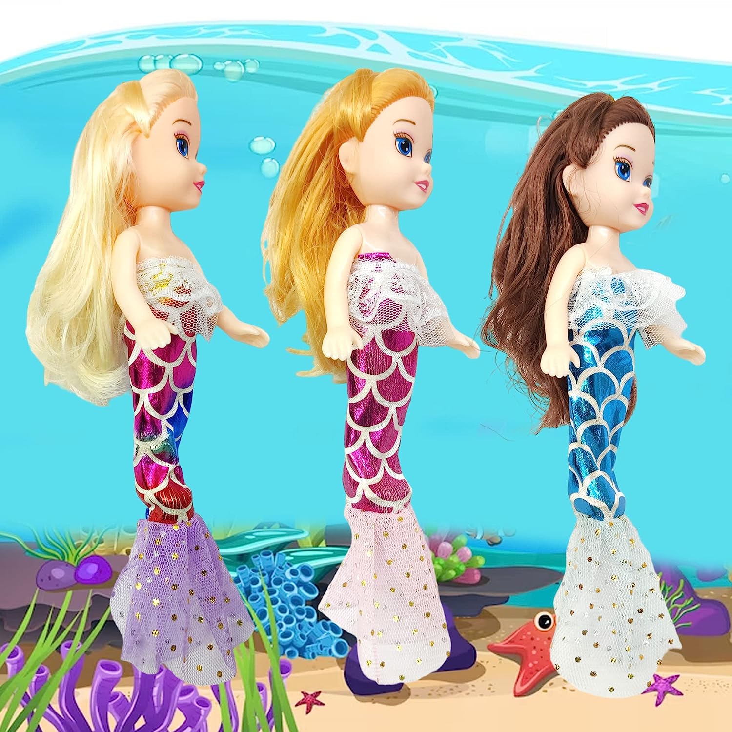 Mermaid Doll Toys for Kids (Pack of 3 Pcs)- Doll Set for Girls- 20 CM Cute Realistic Dolls for Girls, Cute Dolls for Girls, Doll Toys for Kids (3 Pcs) (Dress Color May Vary)