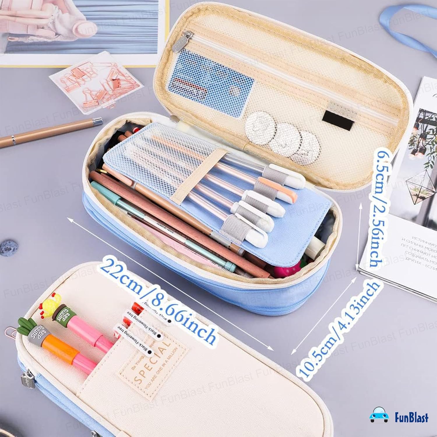 Multi-Compartment Double Zipper Portable Pencil  Pouch for Kids (Sky Blue)