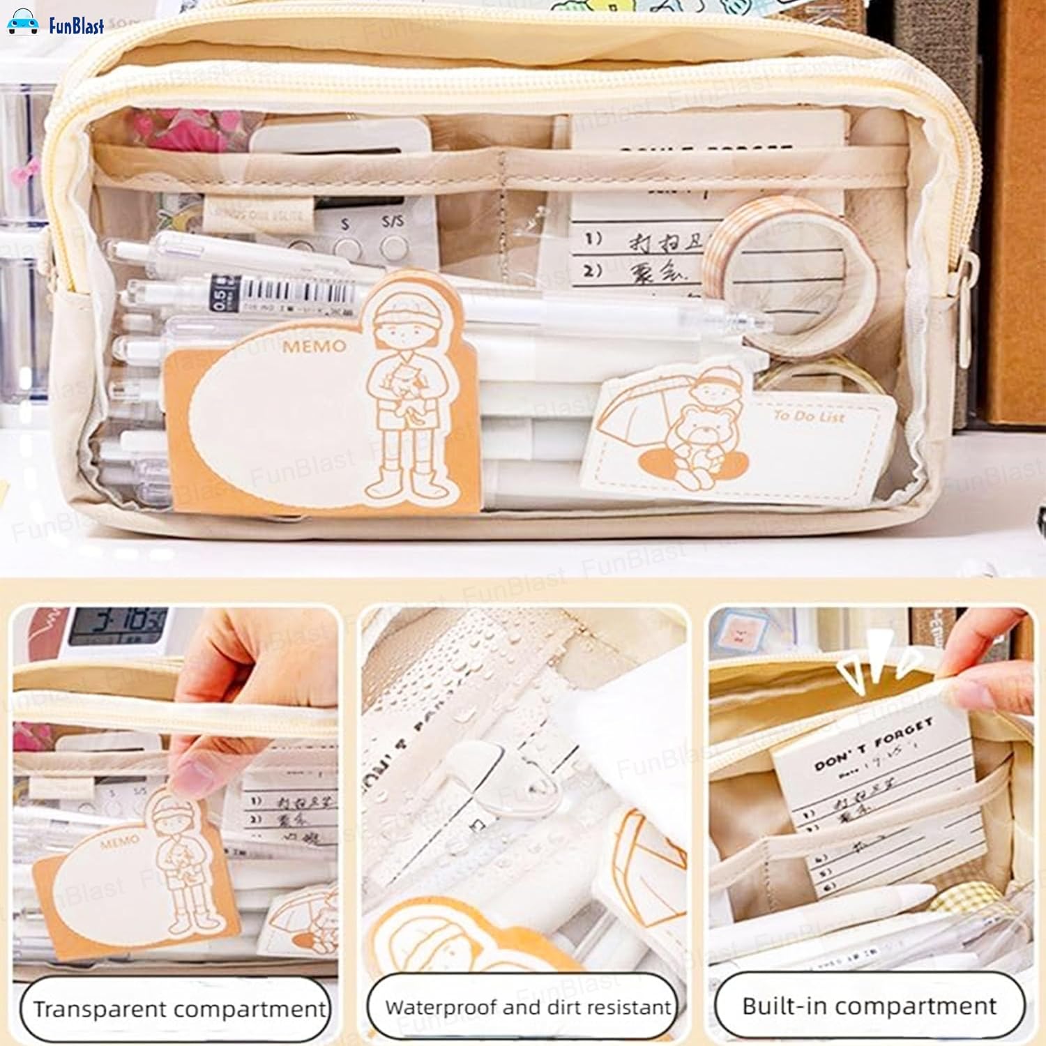 Multiple Compartment Double Zipper Pencil Pouch for Kids (Beige)
