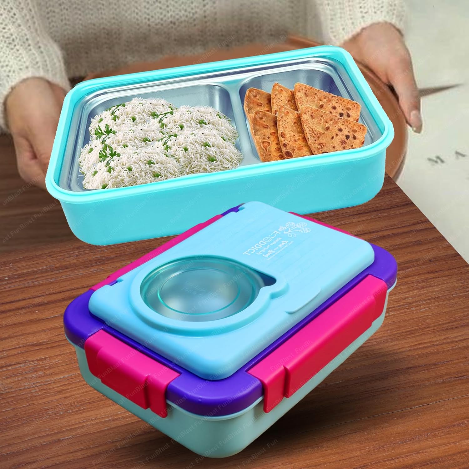 Lunch Box for Kids – Tiffin Box, Stainless Steel Lunch Box, Insulated Bento Lunch Box for Kids, 5 Compartment Lunch Box with Bowl, Spoon, Fork & Chopstick (Blue)