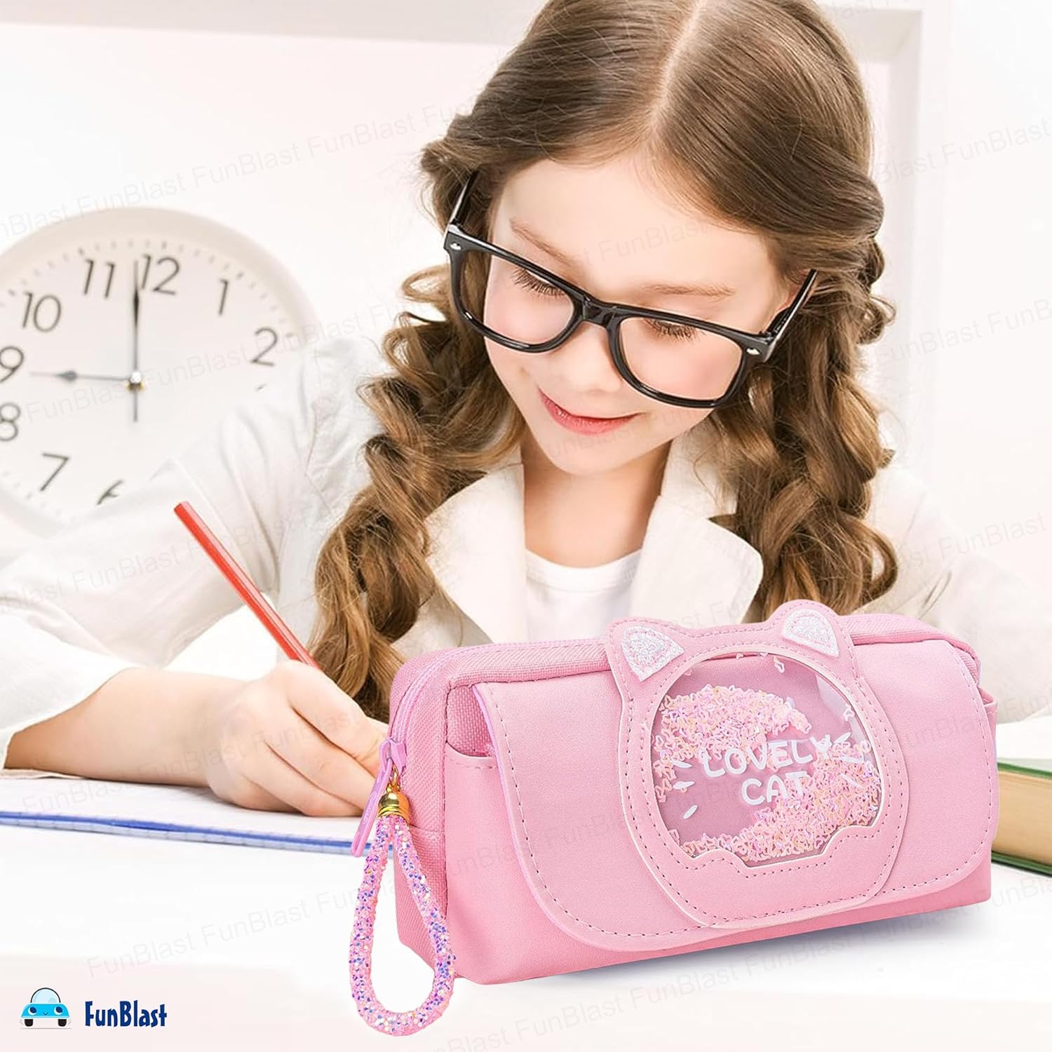 Cat Design Stationery Pouch with Zipper Lock for Girls (Pink)