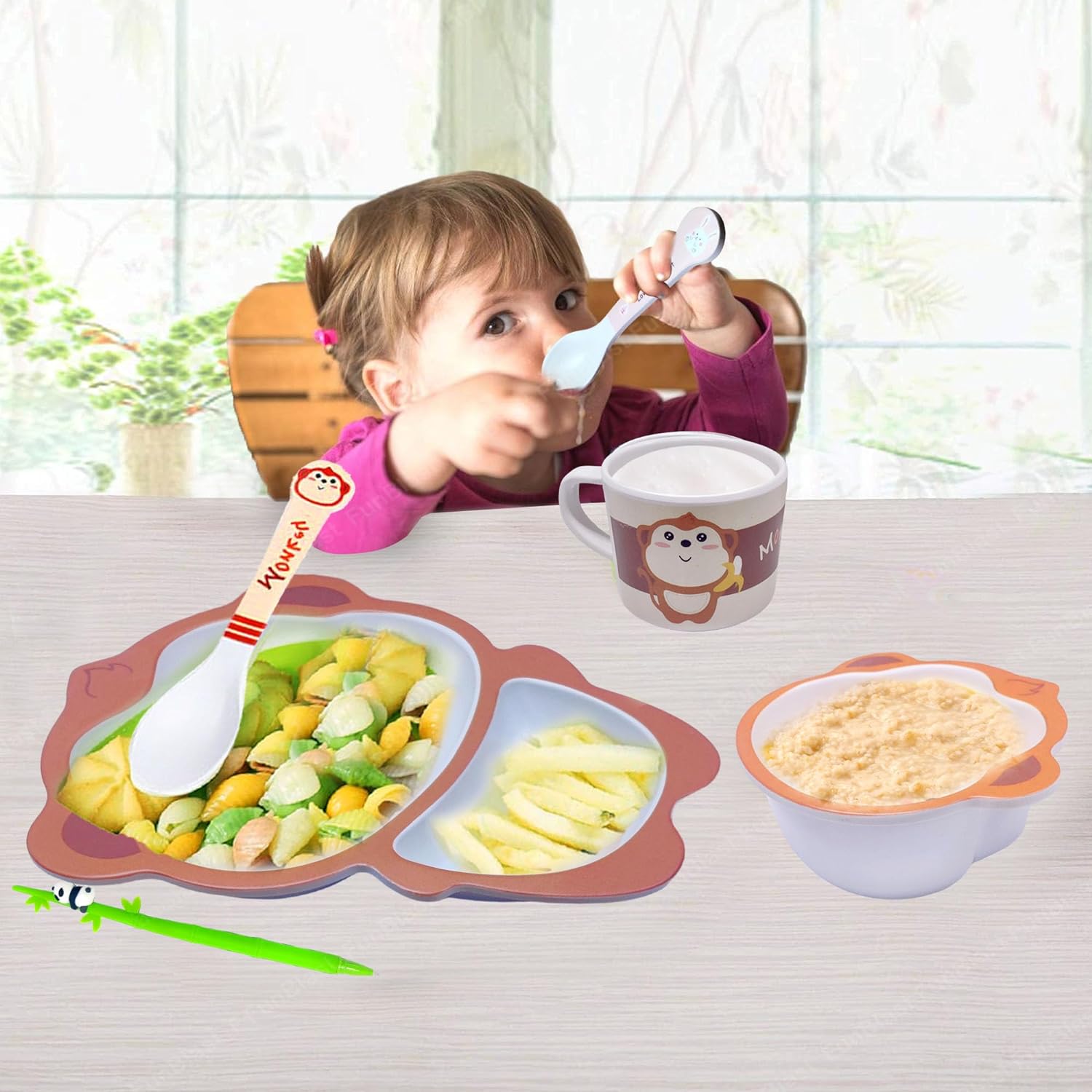 Bamboo Fibre Feeding Tableware Set for Kids – Monkey Design Bamboo Fibre Plate, Bowl, Cup, Spoon and Fork for Kids