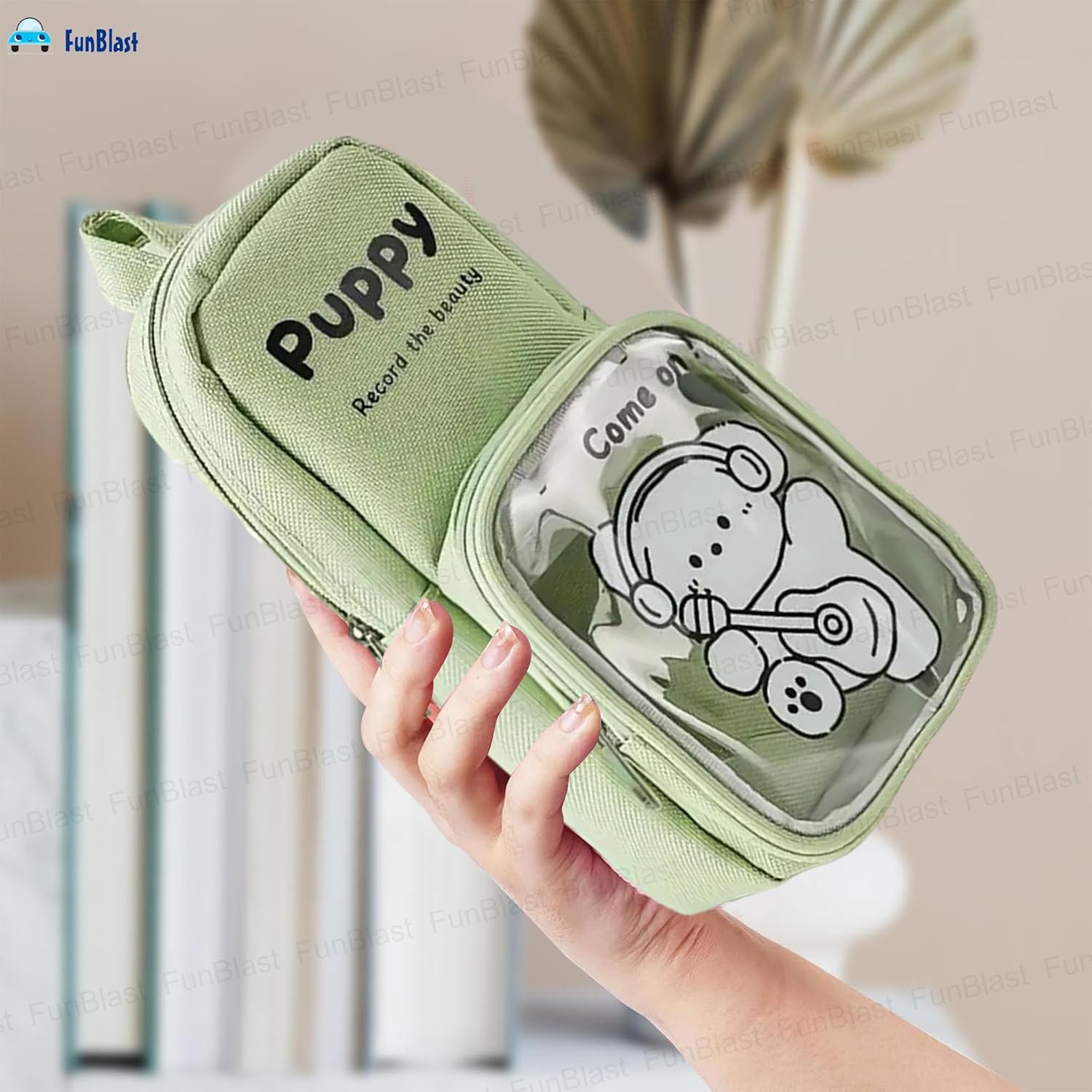 Cartoon Design Hangable Canvas Pencil Pouch for Kids (Green)