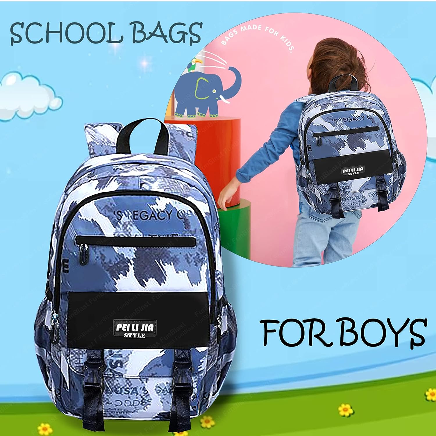 School Bags for Boys, Lightweight School and College Bags, Multipurpose Large Capacity Bag for Boys Girls Kids, Travel Bag, Picnic Bag (46 X 34 X 20 CM)