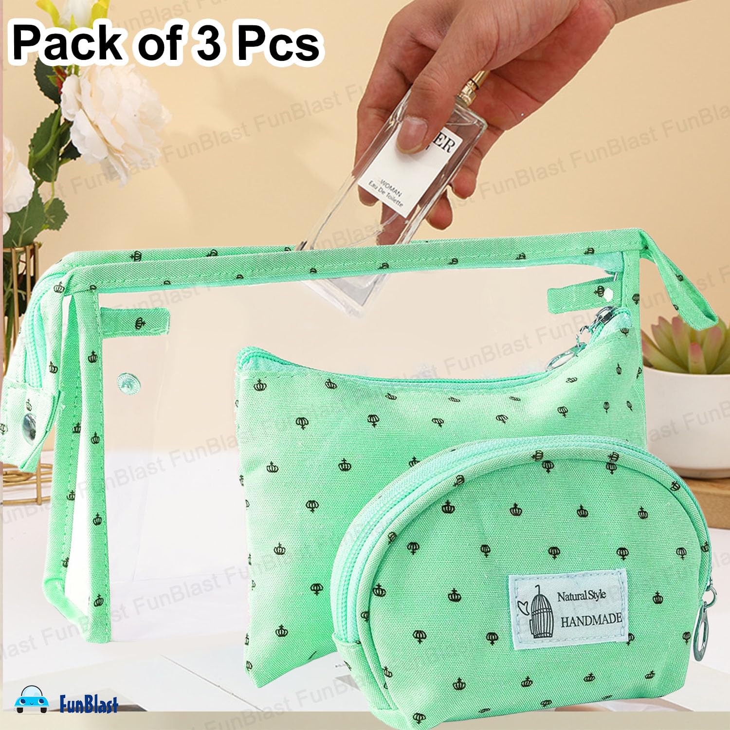 3 Pcs Cosmetic Makeup Pouch with Zipper Lock for Women (Green)
