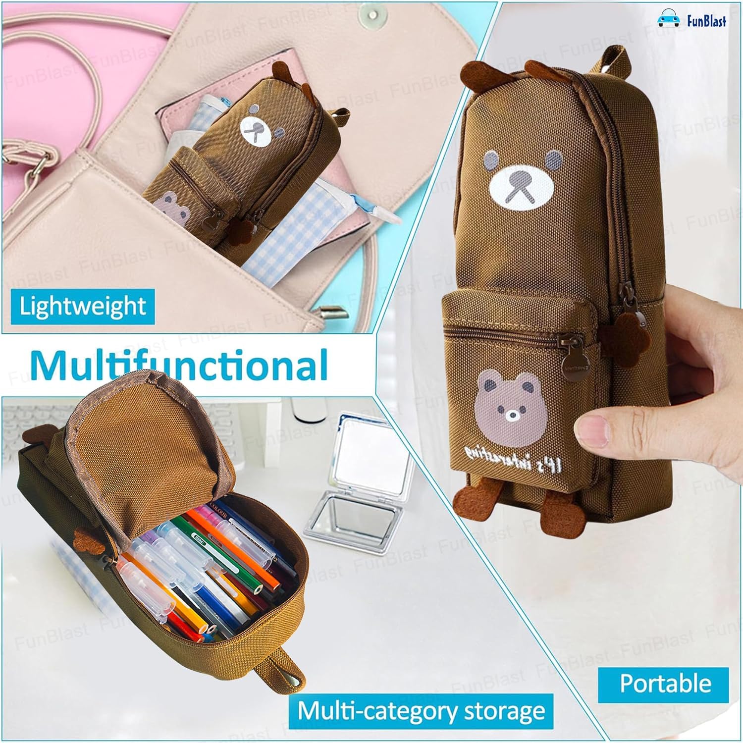 Hangable Canvas Pencil Pouch for Kids (Brown-Bear)