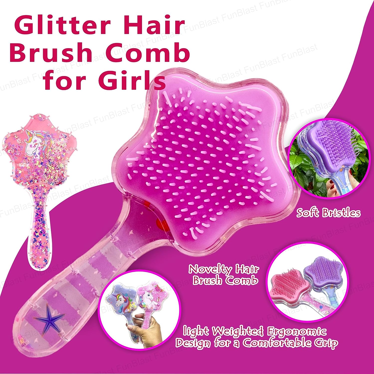 Unicorn Comb and Brush Set – Glitter Hair Brush Comb for Girls,Massage Hairbrush 3D Unicorn Kids Hair Brush/Hair Comb (Pack of 2; Assorted Color)