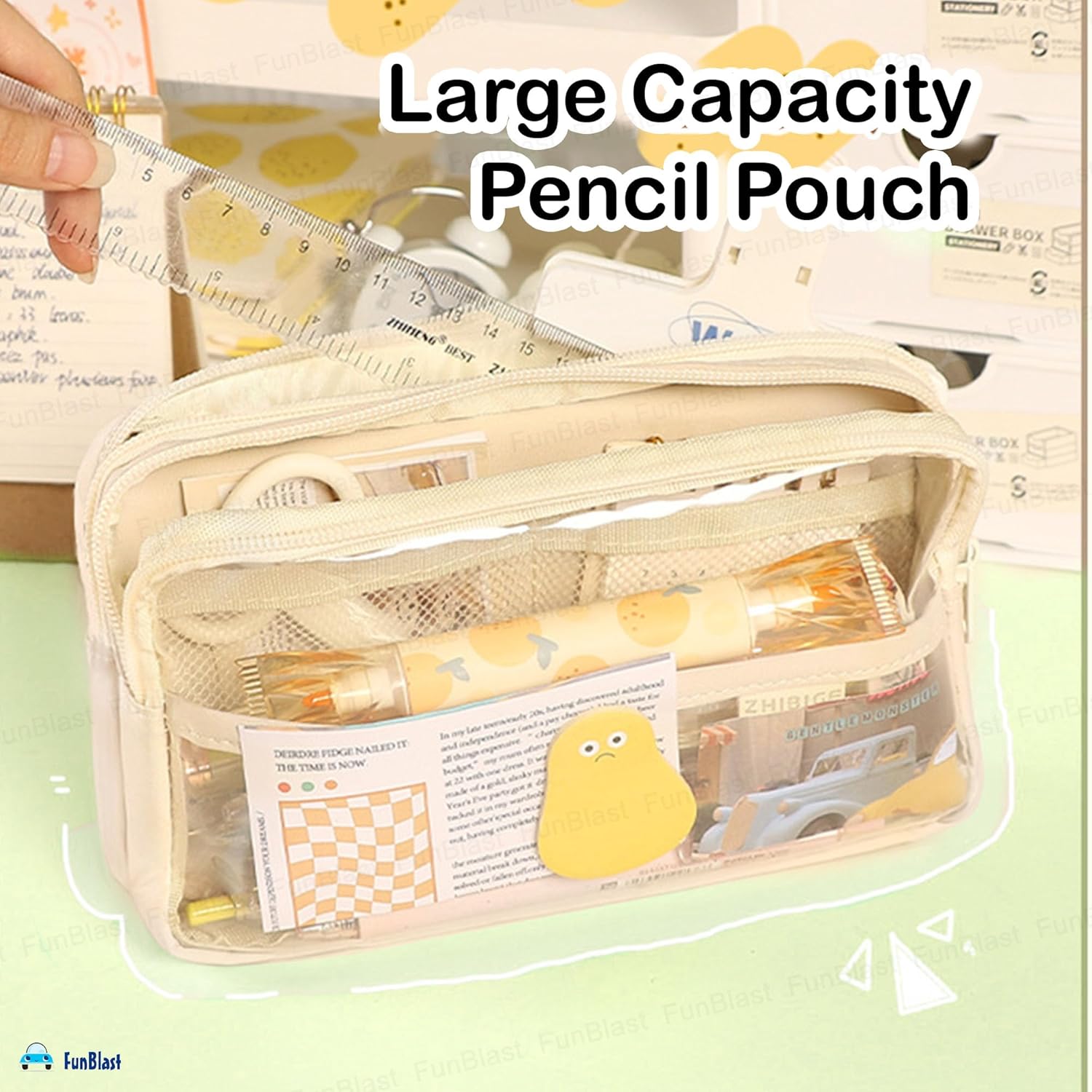 Multiple Compartment Double Zipper Pencil Pouch for Kids (Beige)
