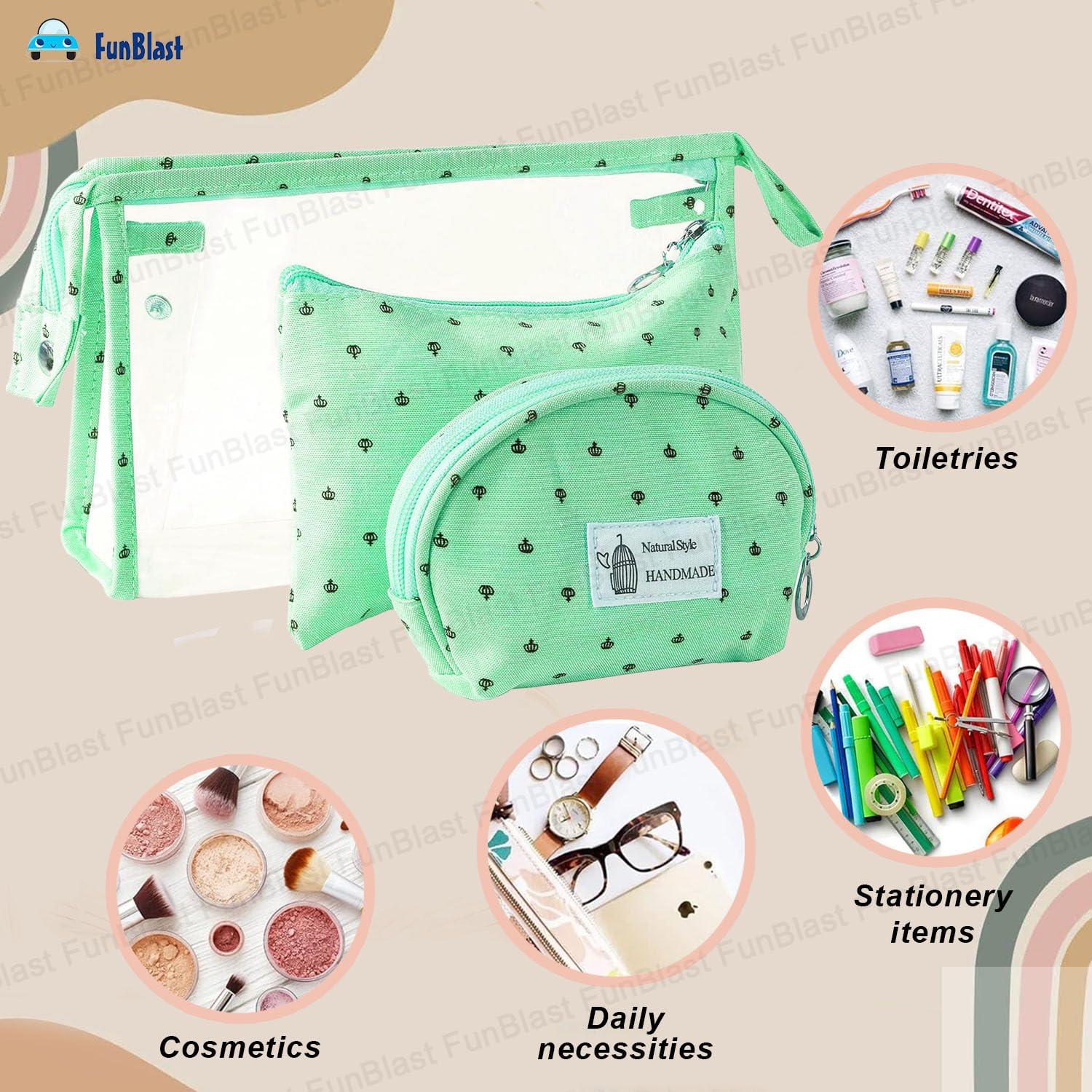 3 Pcs Cosmetic Makeup Pouch with Zipper Lock for Women (Green)