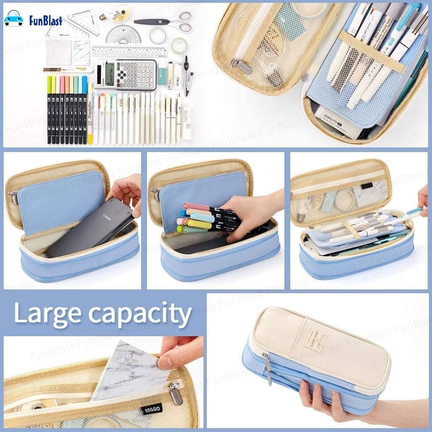 Multi-Compartment Double Zipper Portable Pencil  Pouch for Kids (Sky Blue)