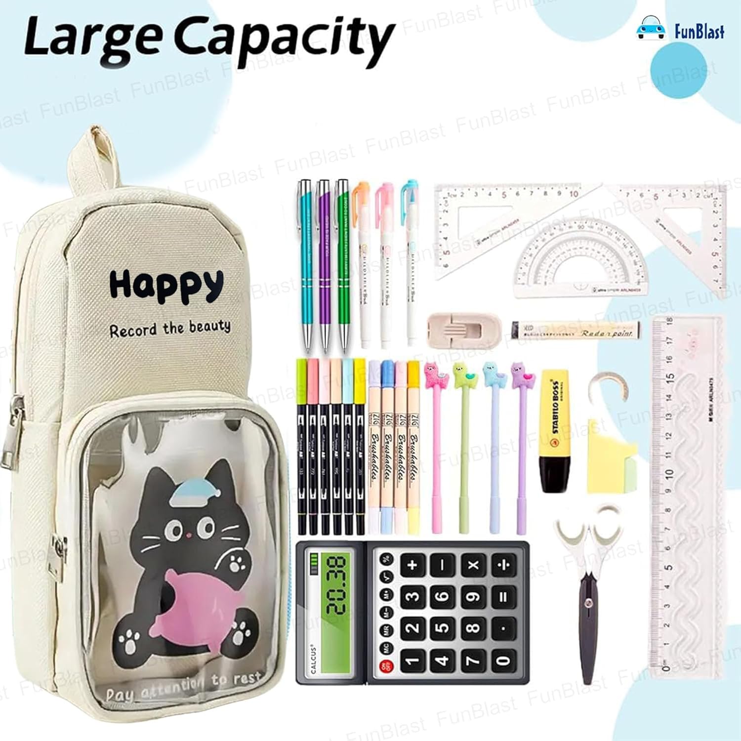 Cartoon Design Hangable Canvas Pencil Pouch for Kids (OffWhite)