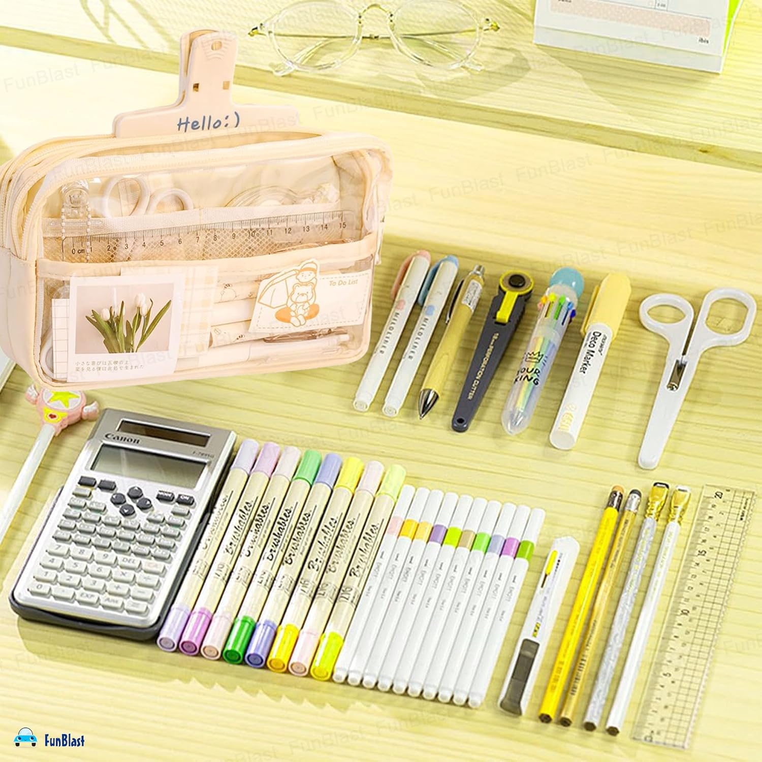 Multiple Compartment Double Zipper Pencil Pouch for Kids (Beige)