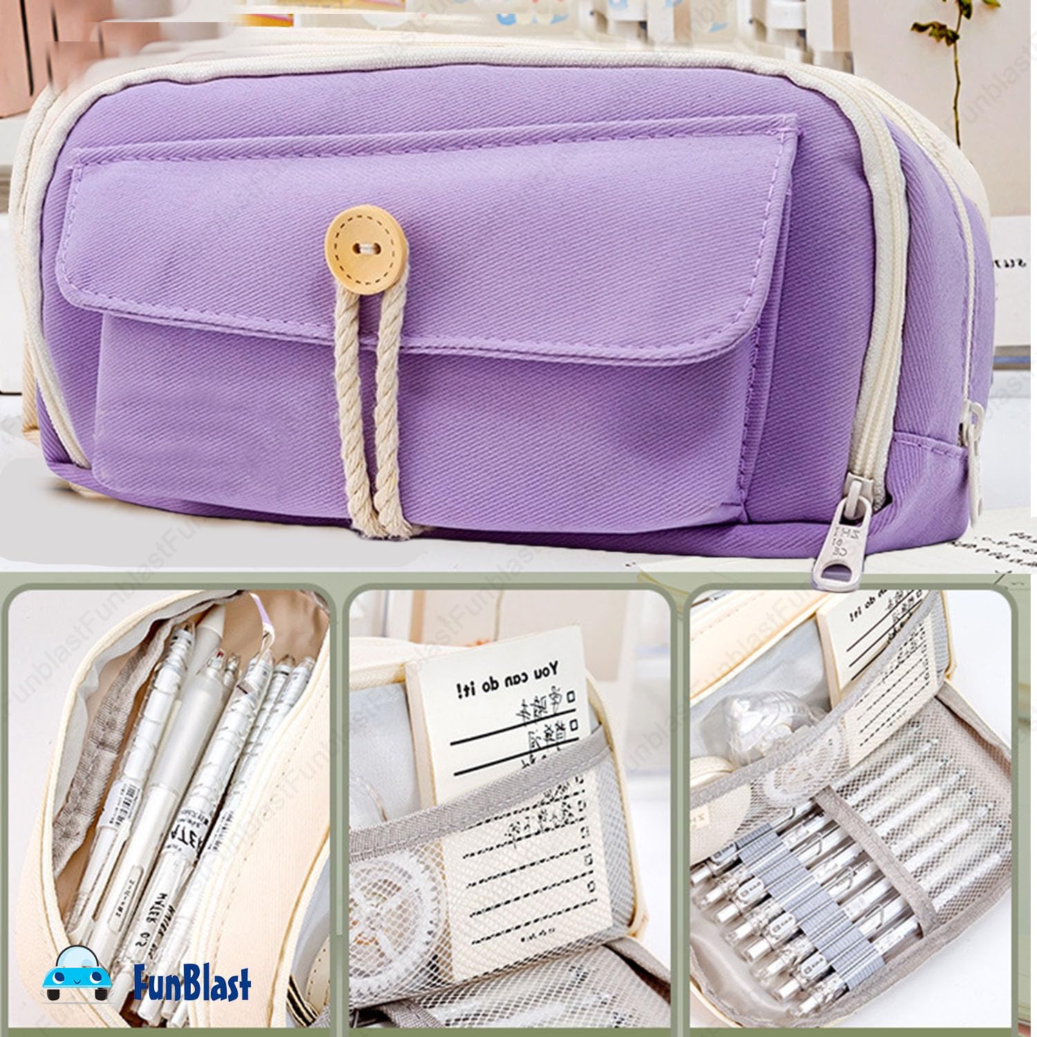Large Capacity Stationary Organizer Case with Zipper Lock (Purple)