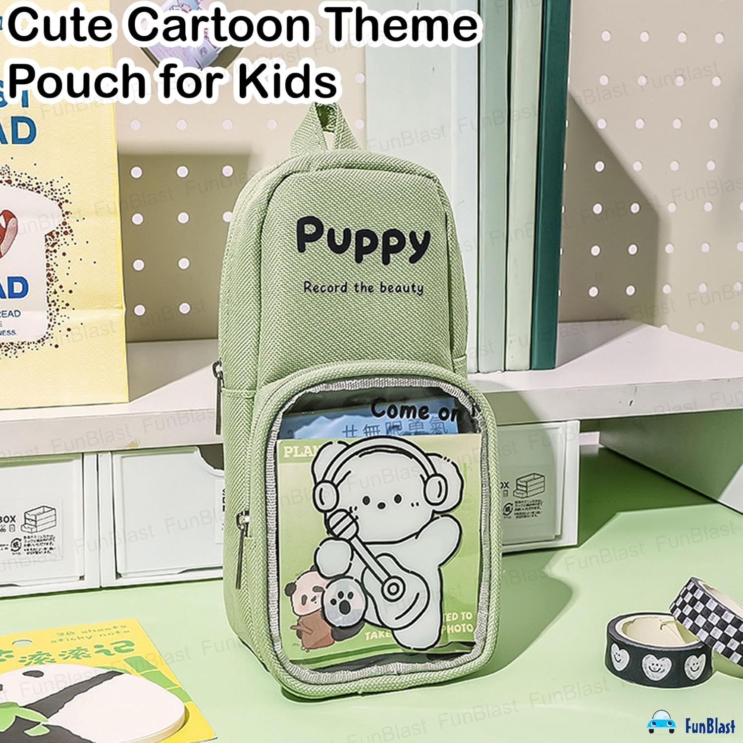 Cartoon Design Hangable Canvas Pencil Pouch for Kids (Green)