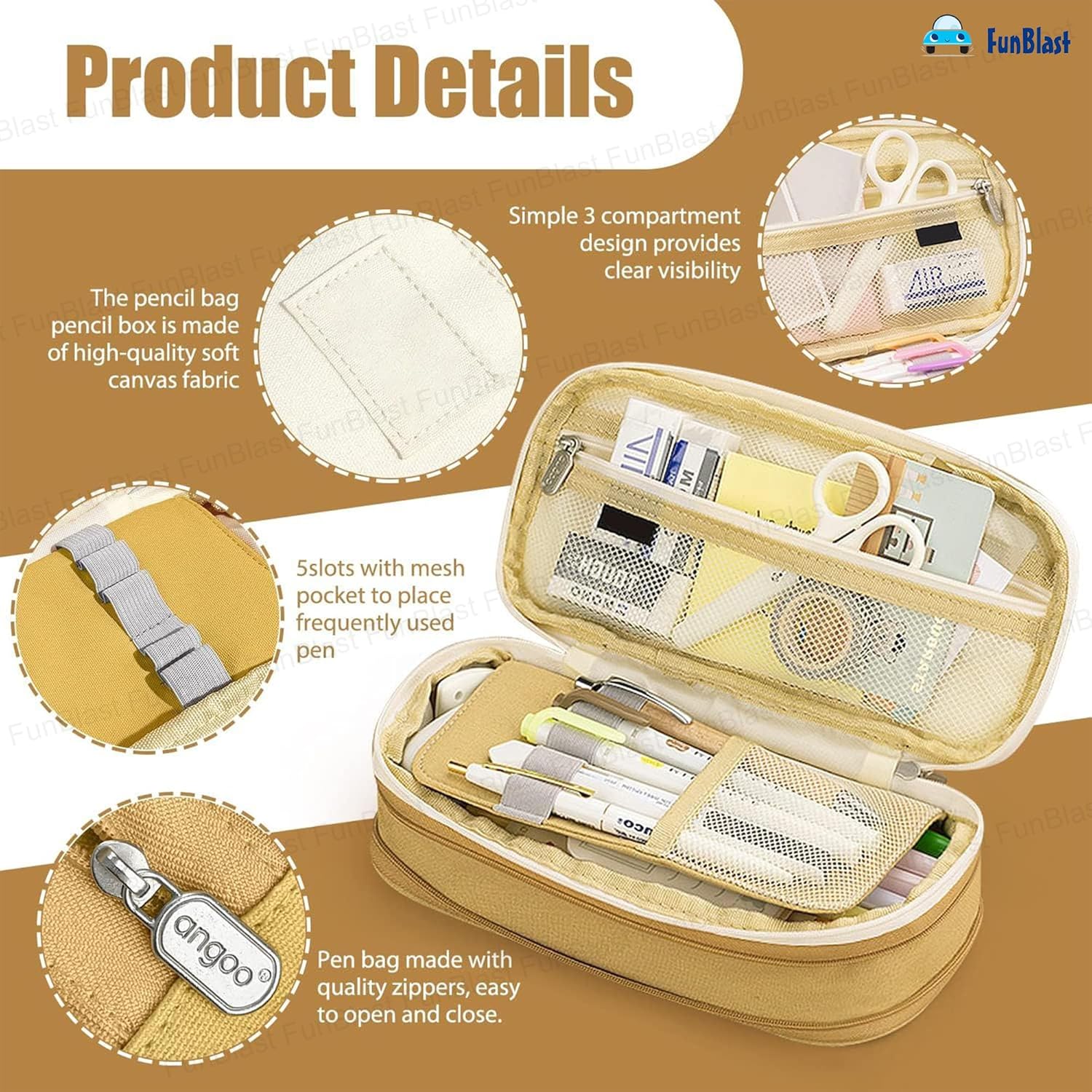 Multi-Compartment Double Zipper Portable Pencil  Pouch for Kids (Khaki)