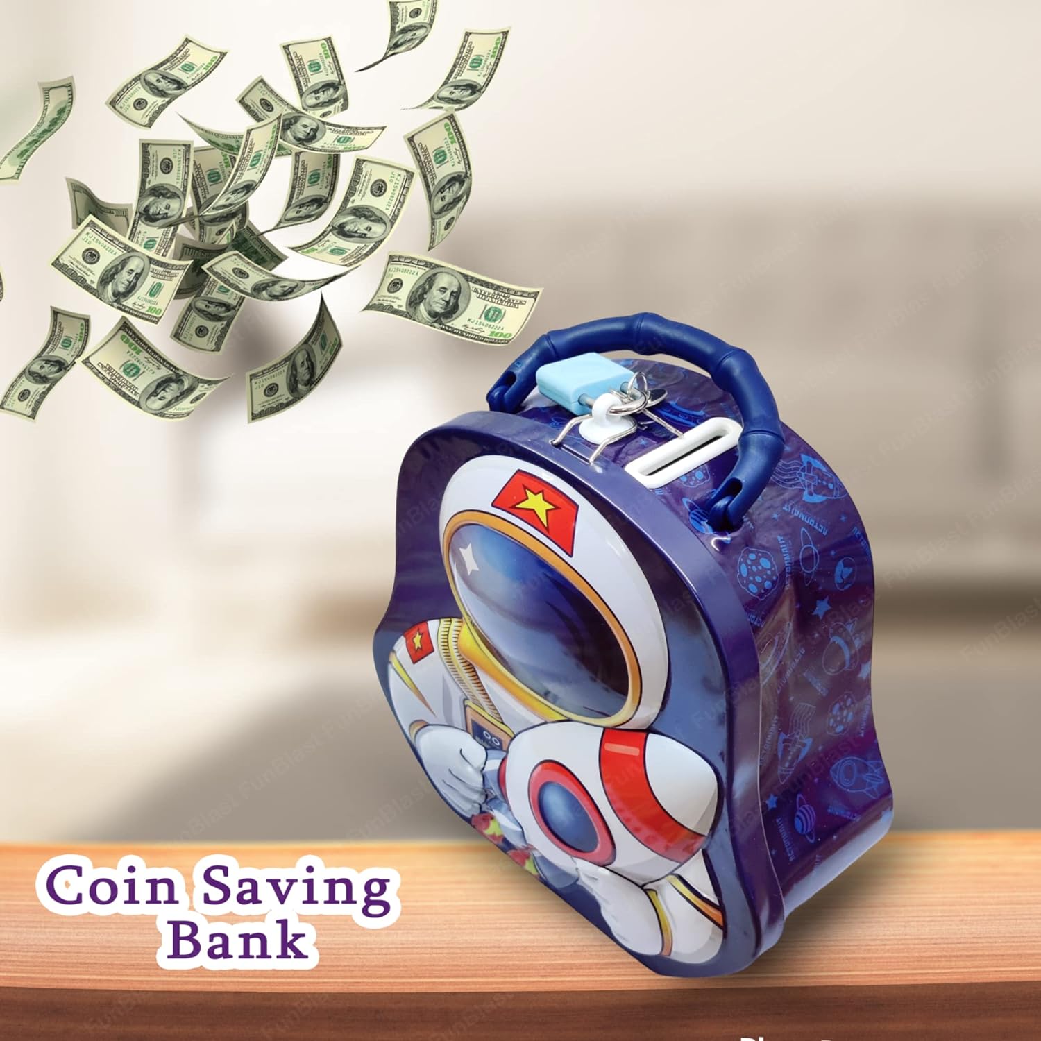 Piggy Bank for Kids – Space Theme Coin Box, Coin Bank with Lock and Key, Metal Coin Box for Kids, Money Bank, Coin Box for Girls